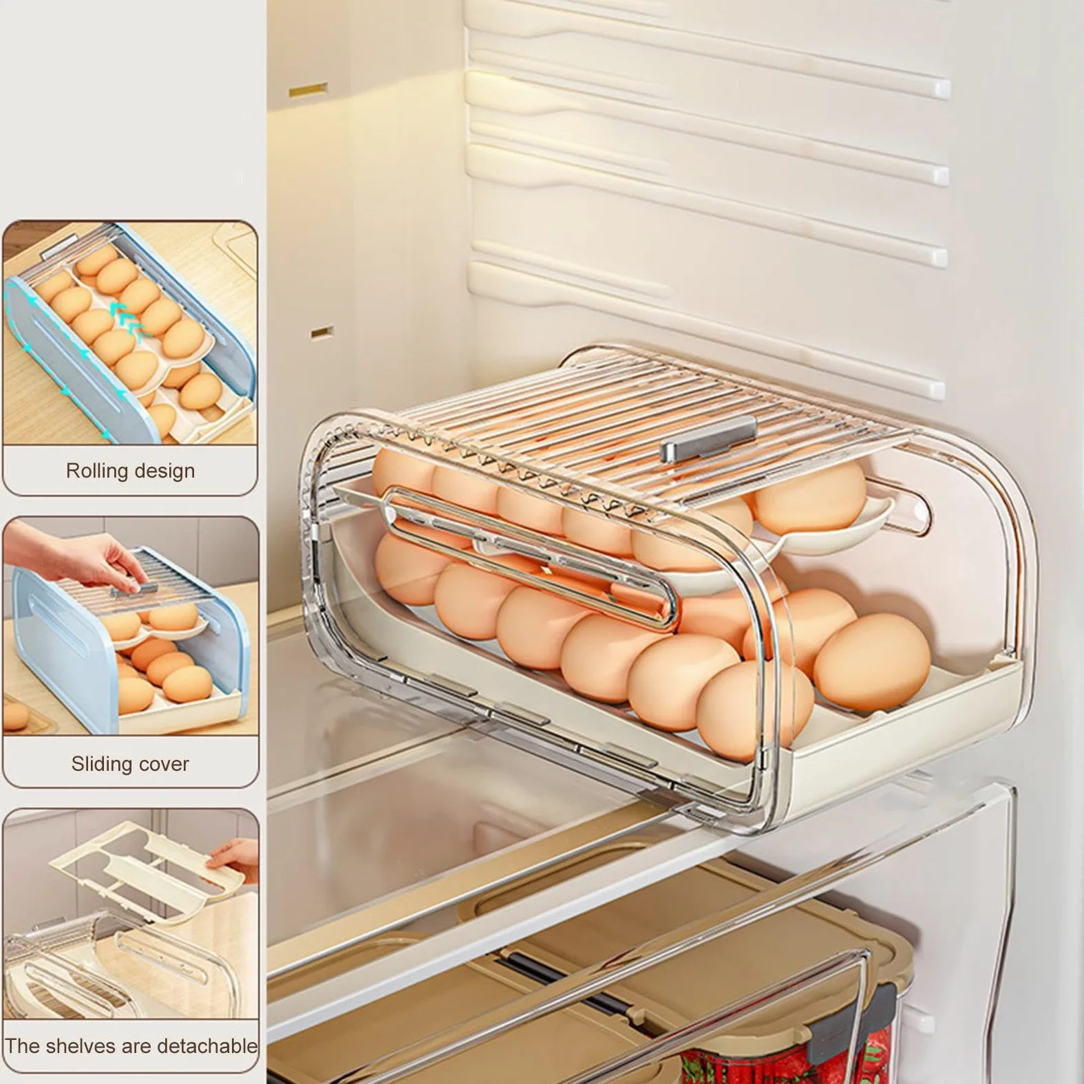 Bandeja Para Huevos Doble Nivel con Tapa Corredera y Rodamiento Automático | Organizador De Huevos Para Encimera Y Para Cocina Despensa Apartamento Hogar Restaurante