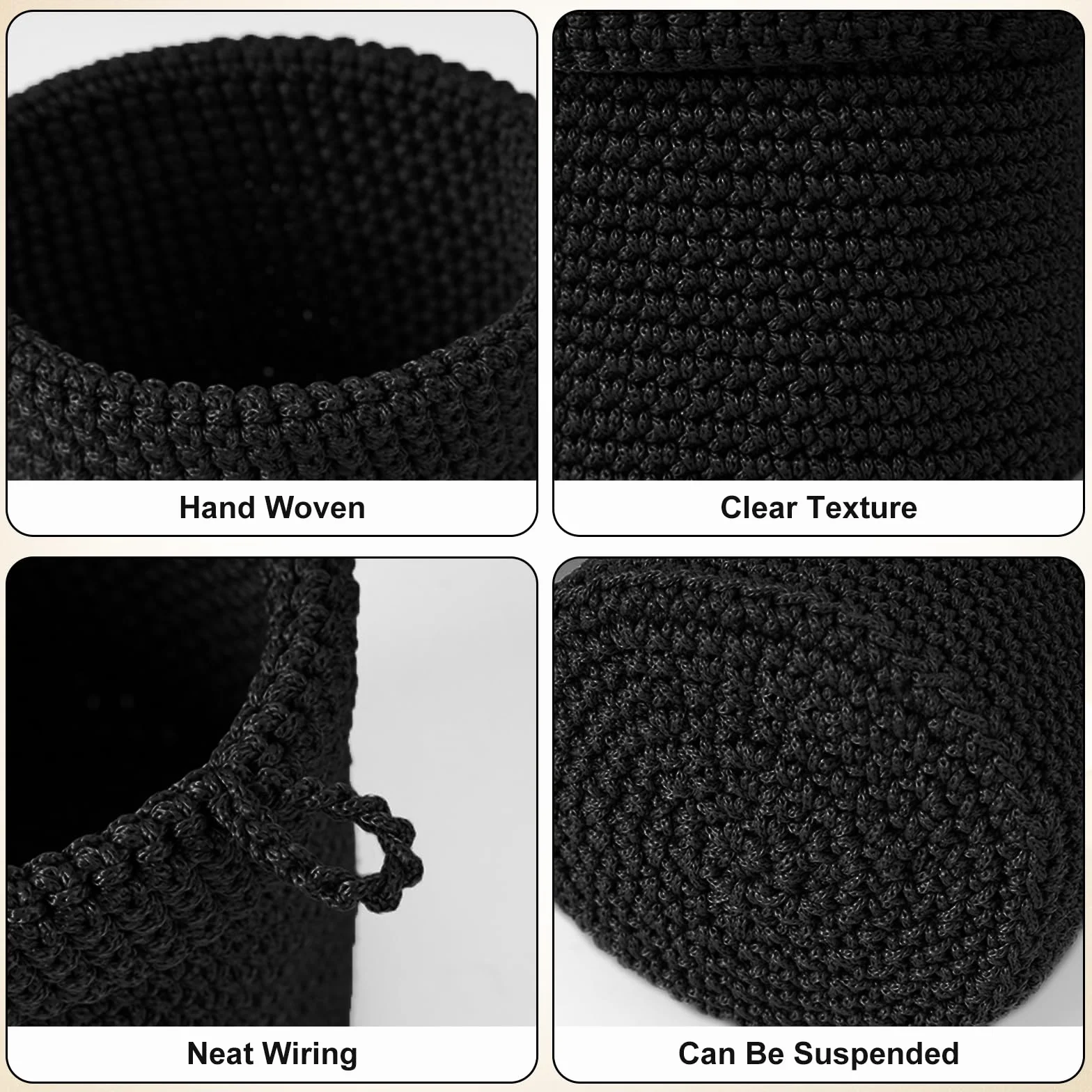 Cesta de Ganchillo Negra 2 Piezas, Cestas Almacenaje Cuerda Algodón Tejidas 13x14 cm para Decoración Hogar