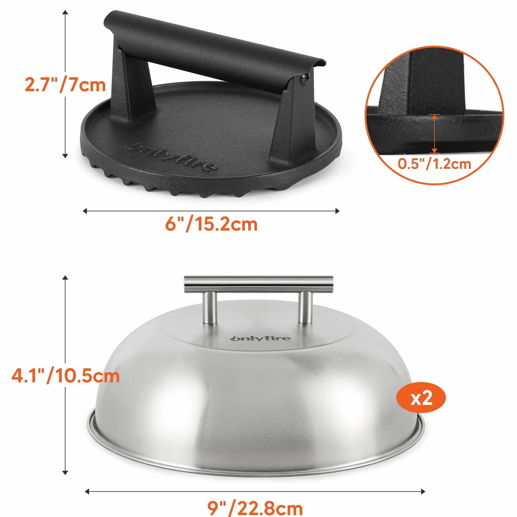 onlyfire Smash Burger Kit, Smash Burger de Hierro Fundido de Φ15,2 cm y 2 Tapa para Hamburguesas de Φ22,8 cm, Kits de Utensilios Profesionales para Barbacoa, Teppanyaki y Camping