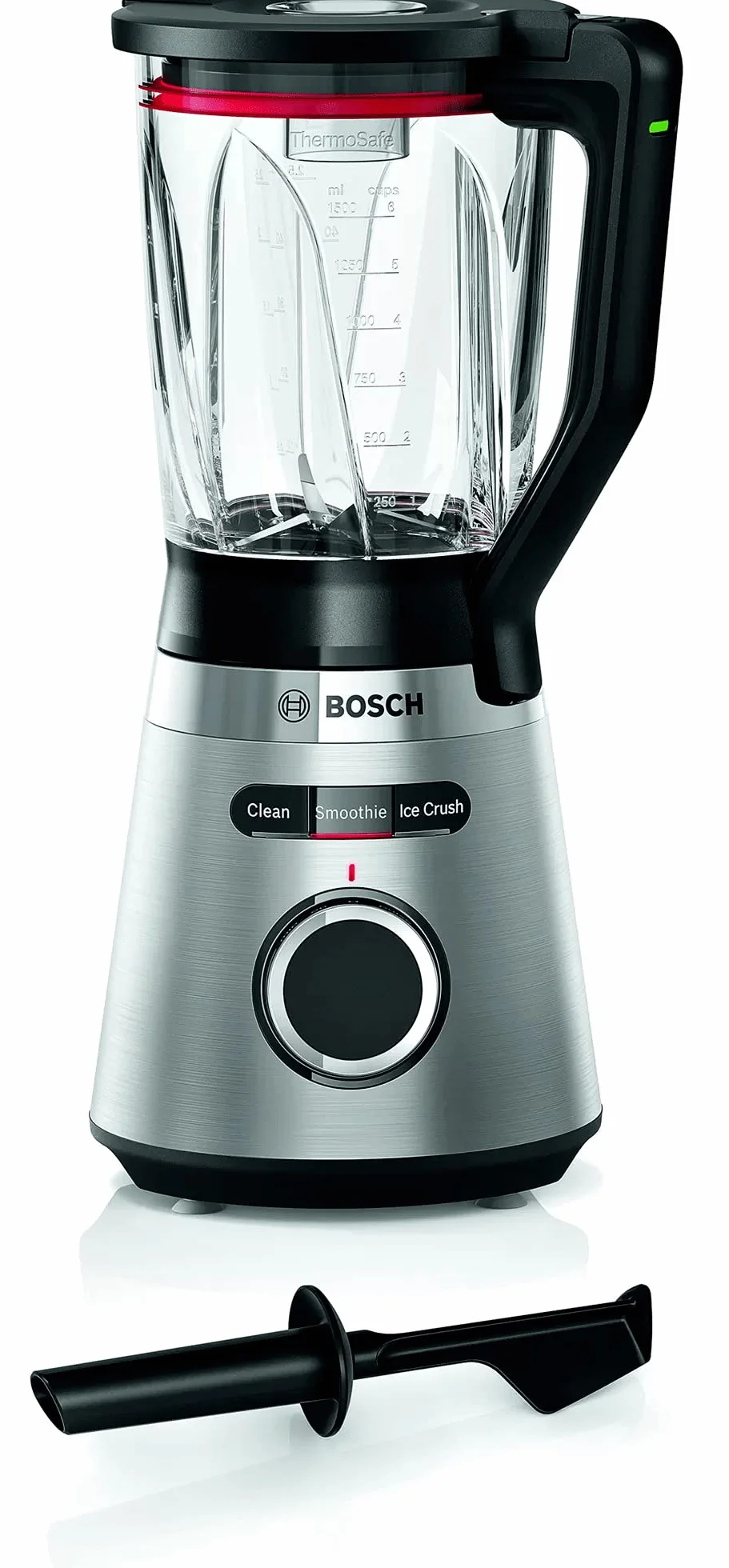Bosch - Batidora de Vaso VitaPower, 1200 W, 1.5 litros, Jarra de cristal ThermoSafe, Cuchillas EasyClick, Programas Automáticos, Acero y Negro, MMB6382M