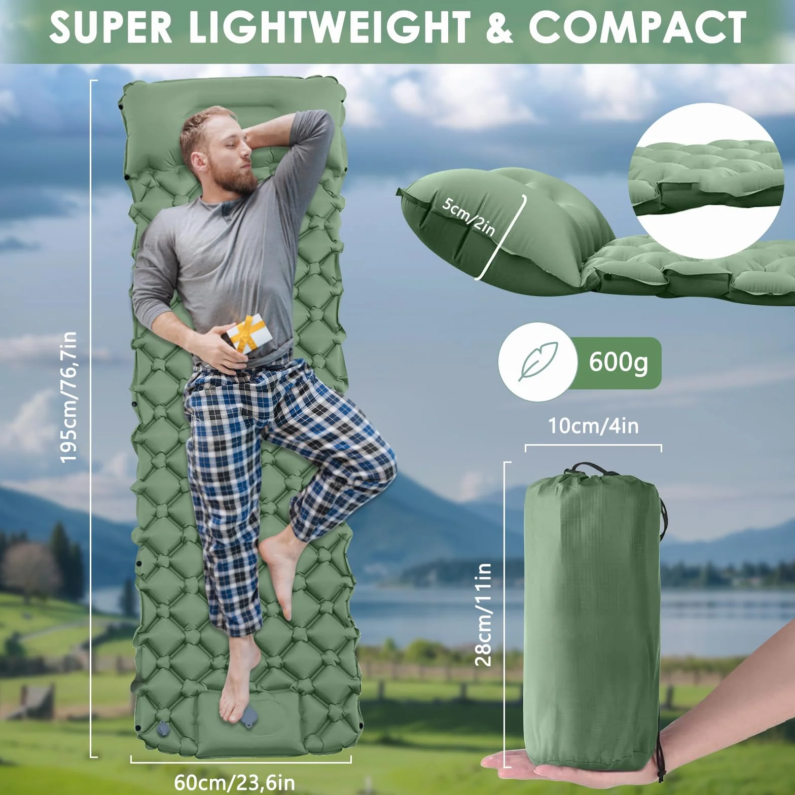 Colchón de Aire Autoinflable con Almohada, Esterilla Camping Portátil Verde, Bomba de Pie Incluida