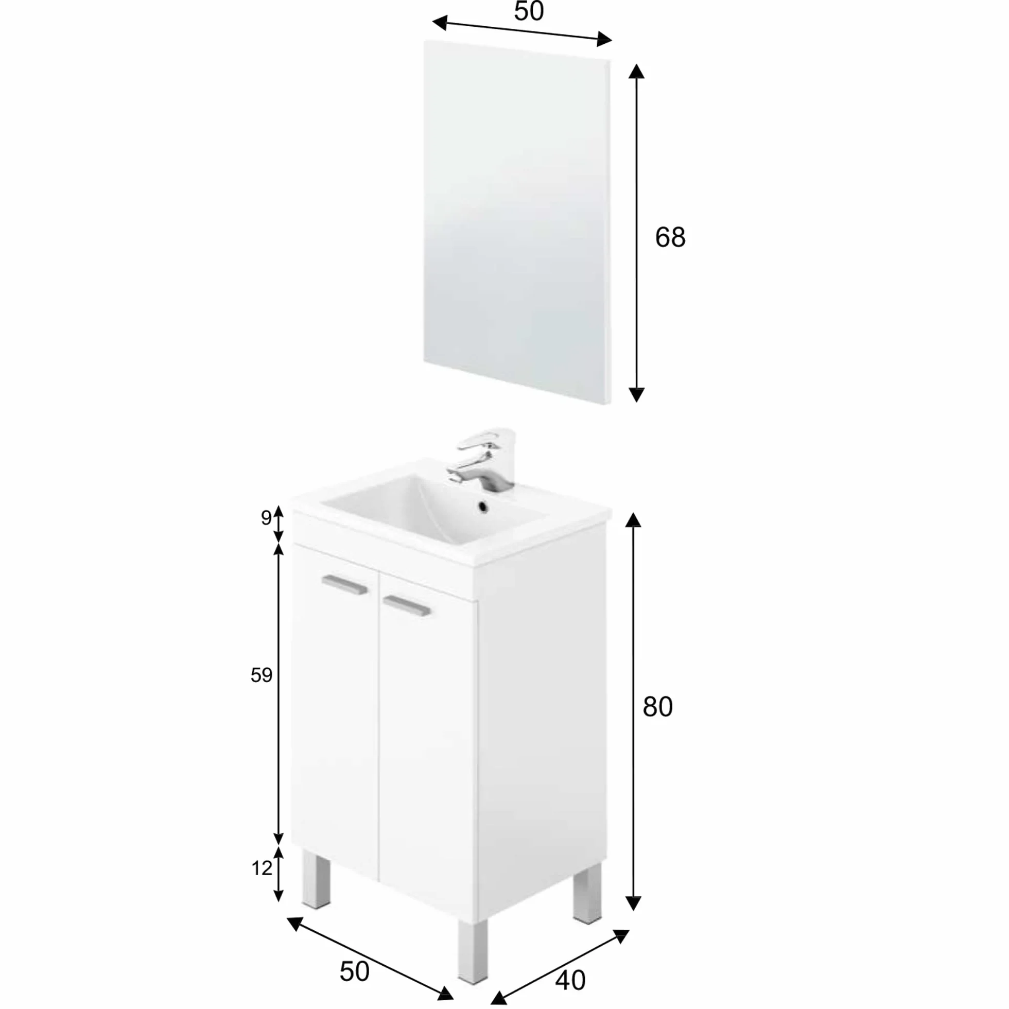 HOMN LIVING Mueble de Baño Levis 2 Puertas y Espejo, Acabado en Blanco Brillo, 50 cm (Ancho) x 40 cm (Fondo) x 80 cm (Alto)
