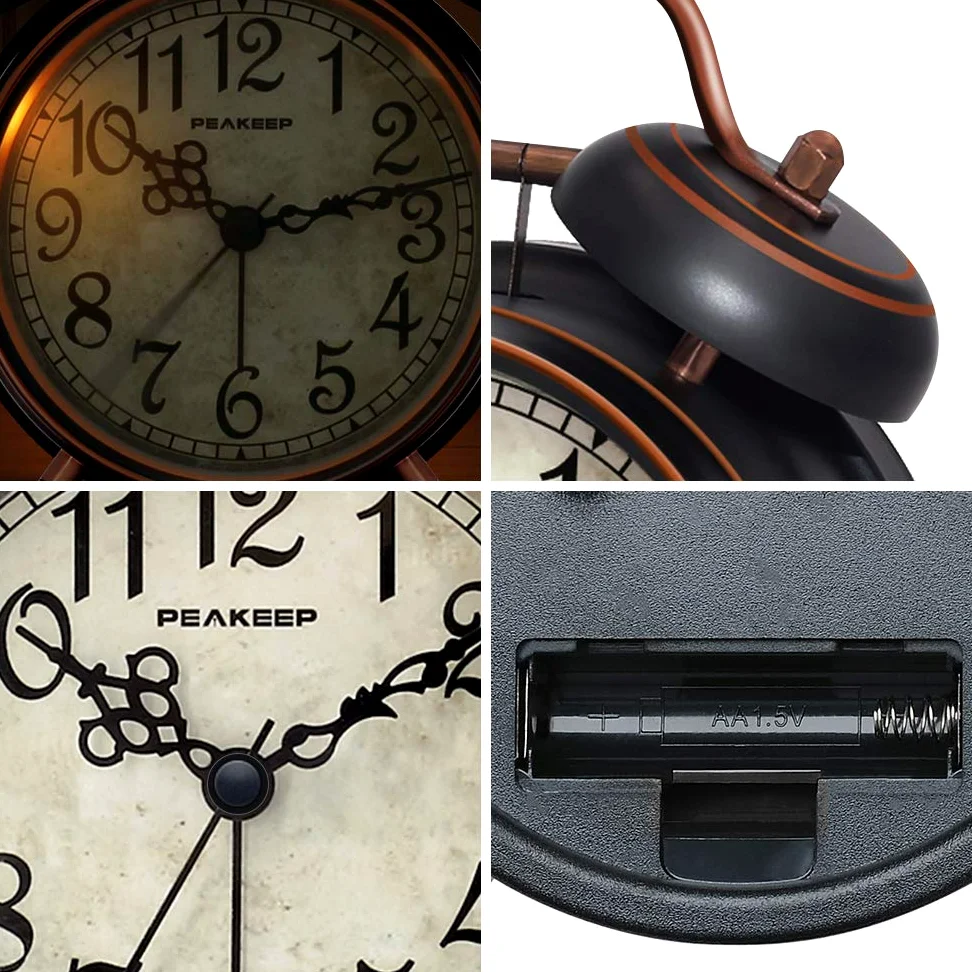 Peakeep Reloj despertador retro de 4.5 pulgadas, funciona con pilas, doble campana (negro con árabe)