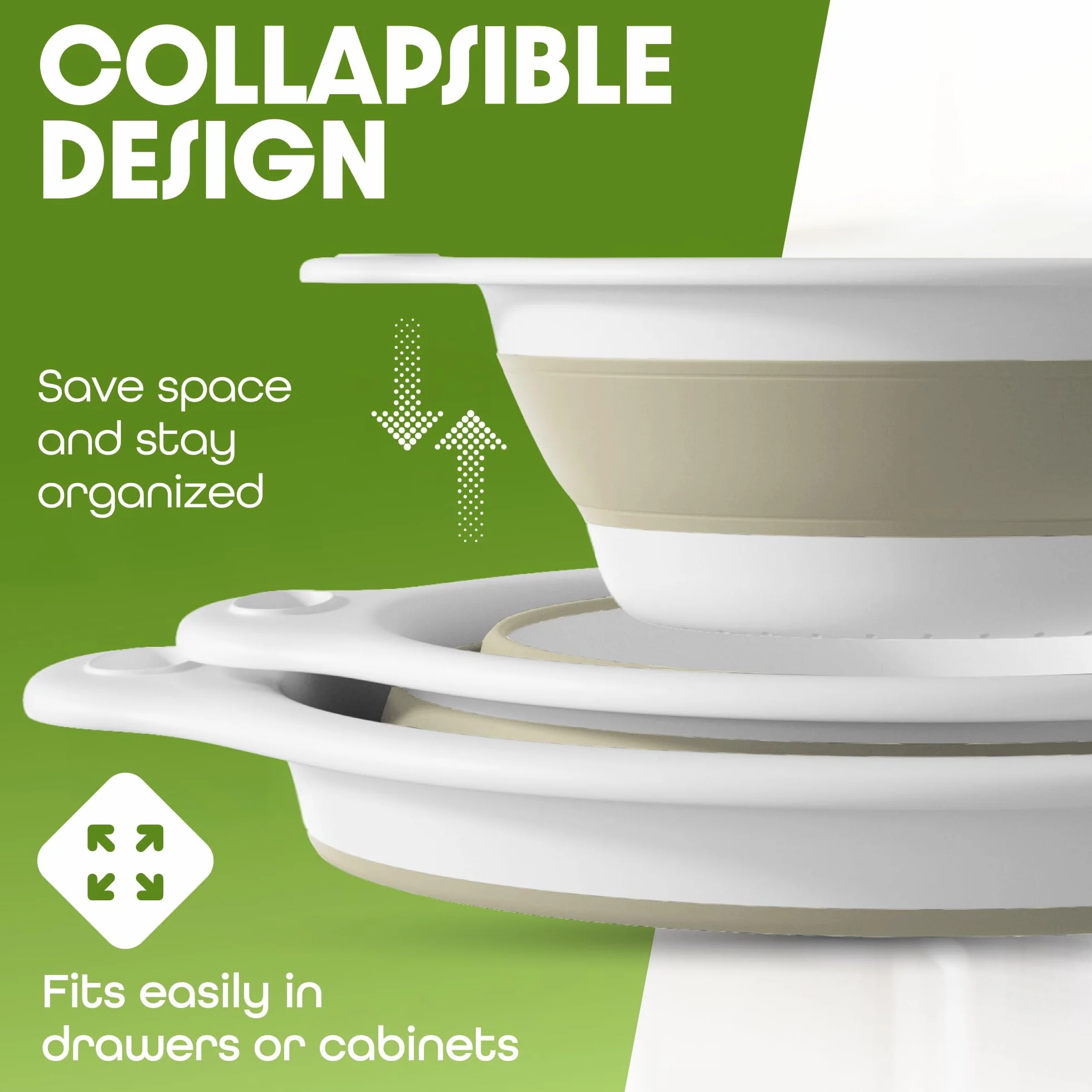 GEVOLI Coladores plegables (lote de 2) - Coladores de alimentos con base de goteo para fregadero, ideales para pastas, frutas y verduras (4 L y 5 L) - Blanco/Beige
