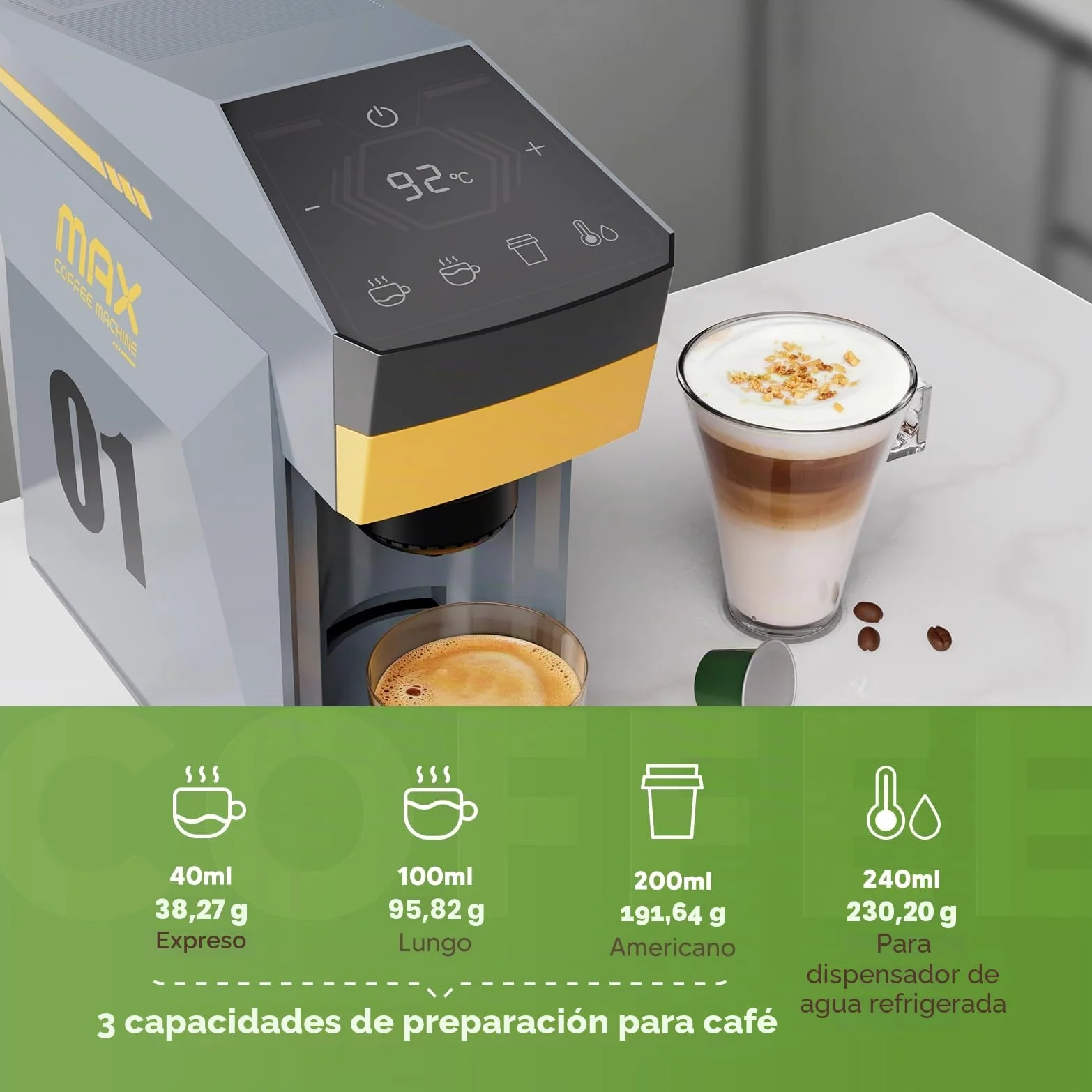 Cafetera 4 en 1, cafetera espresso 19 bares para cápsulas KCup/Nes presso OriginalLine/Dolce Gusto/Café molido, gris nublado