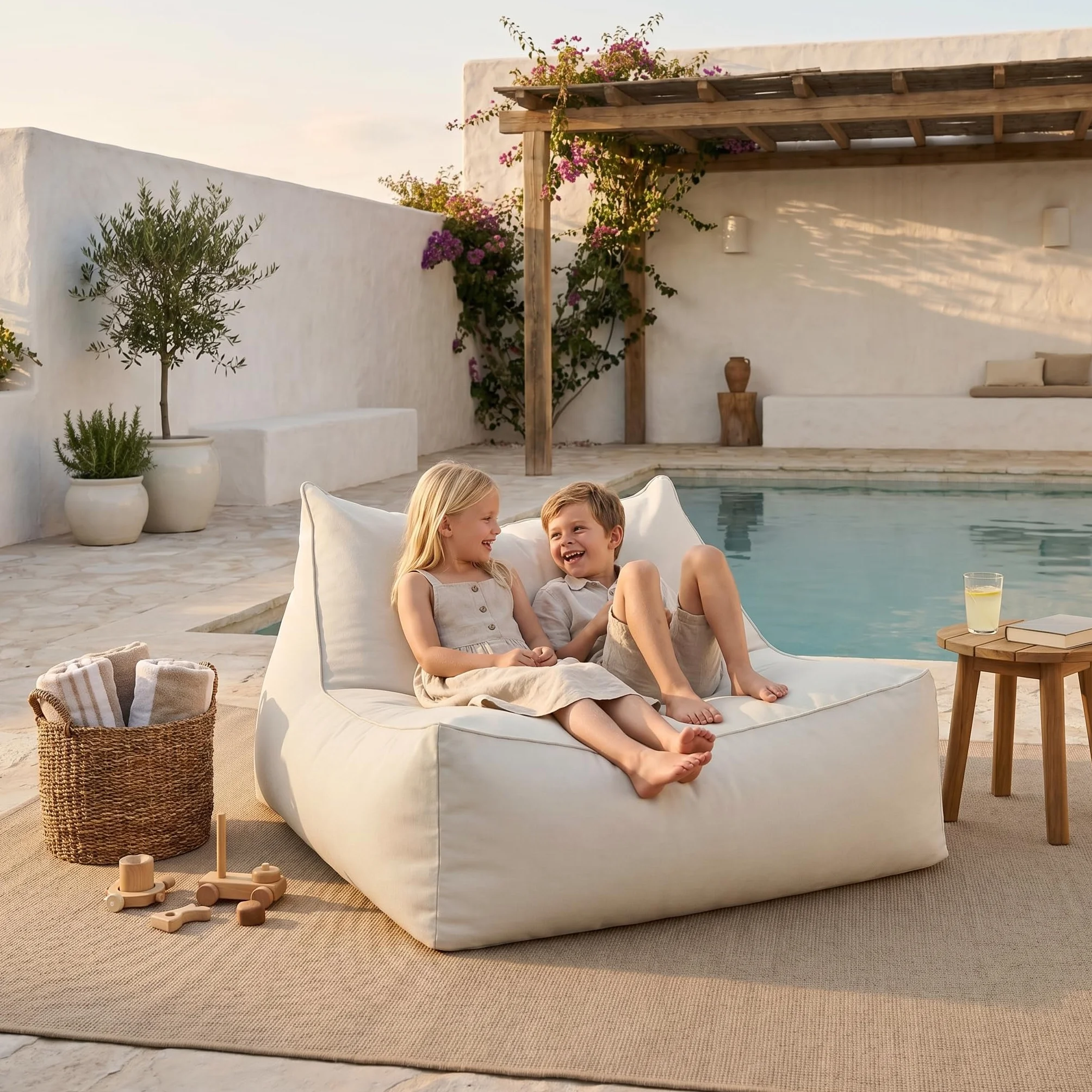 Aiire Puff Exterior Jardín Moderno - Sillón Puf con Relleno Incluido para Piscina, Terraza o Salón - Tejido Premium Resistente al Agua y Rayos UV - Bean Bag Chair de Lujo XXL Beige