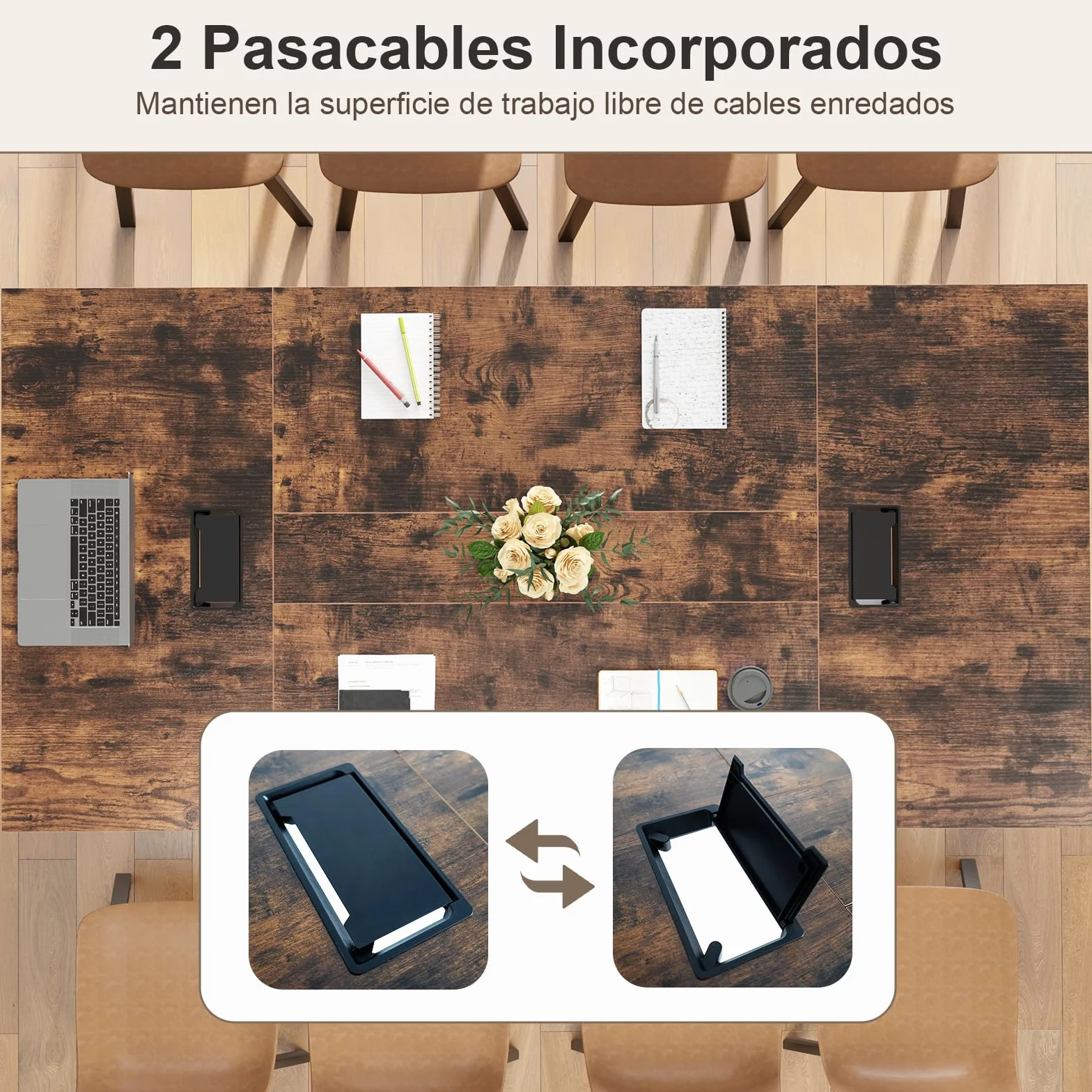 COSTWAY Mesa de Reunión 240 x 120 cm, Mesa Grande de para 10 Personas, Escritorio Rectangular con 2 Pasacables, Oficina, Sala de Juntas, Marrón Rústico