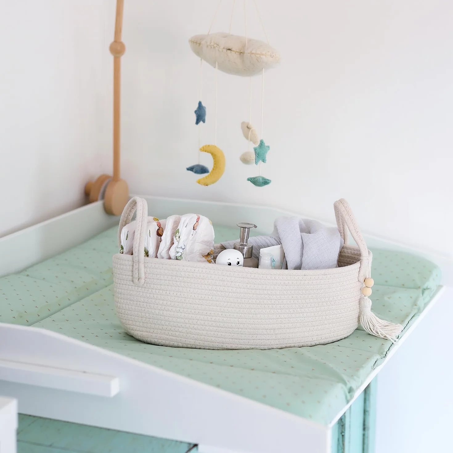 HMF Cesta de almacenamiento para baño, cesta para papel higiénico de algodón, 38,5 x 15,5 x 14 cm, color crema