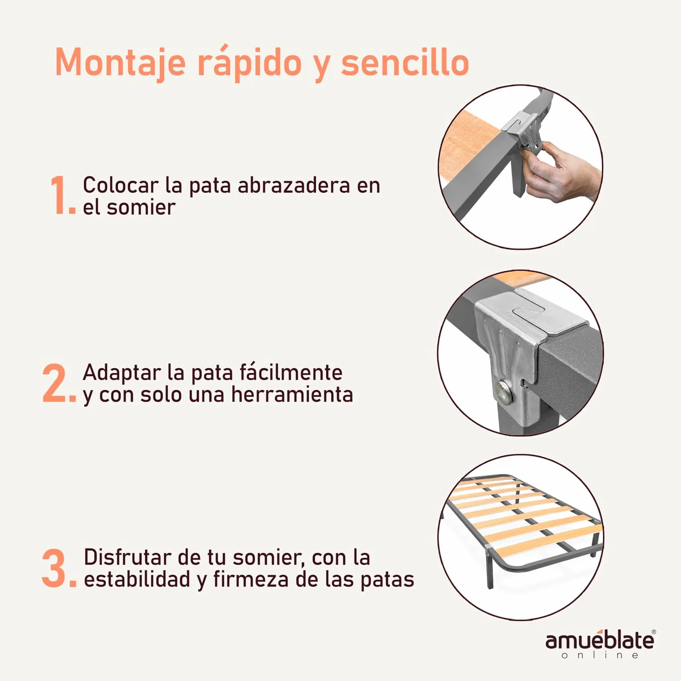 amuéblate online - Juego de 6 Patas cuadradas con Abrazadera para Somier de 30 x 30 mm, Altura 27cm, Gris