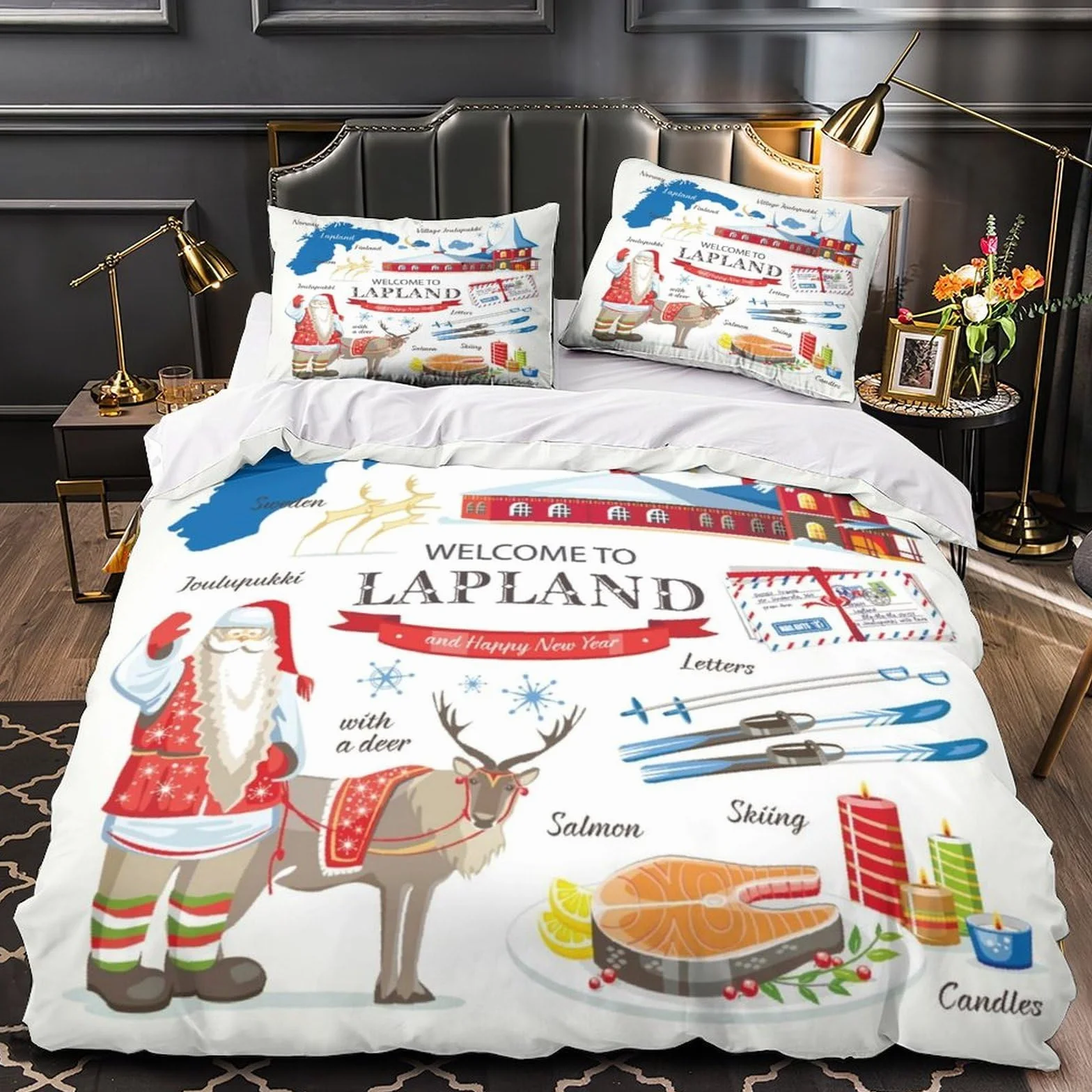 Guía de Viaje de Laponia Impresión 3D 3 Piezas Funda de edredón Estilo Festivo escandinavo cubrecama Microfibra morbida Cierre Cremallera para bebés niños Hombres Super King（260x220cm）