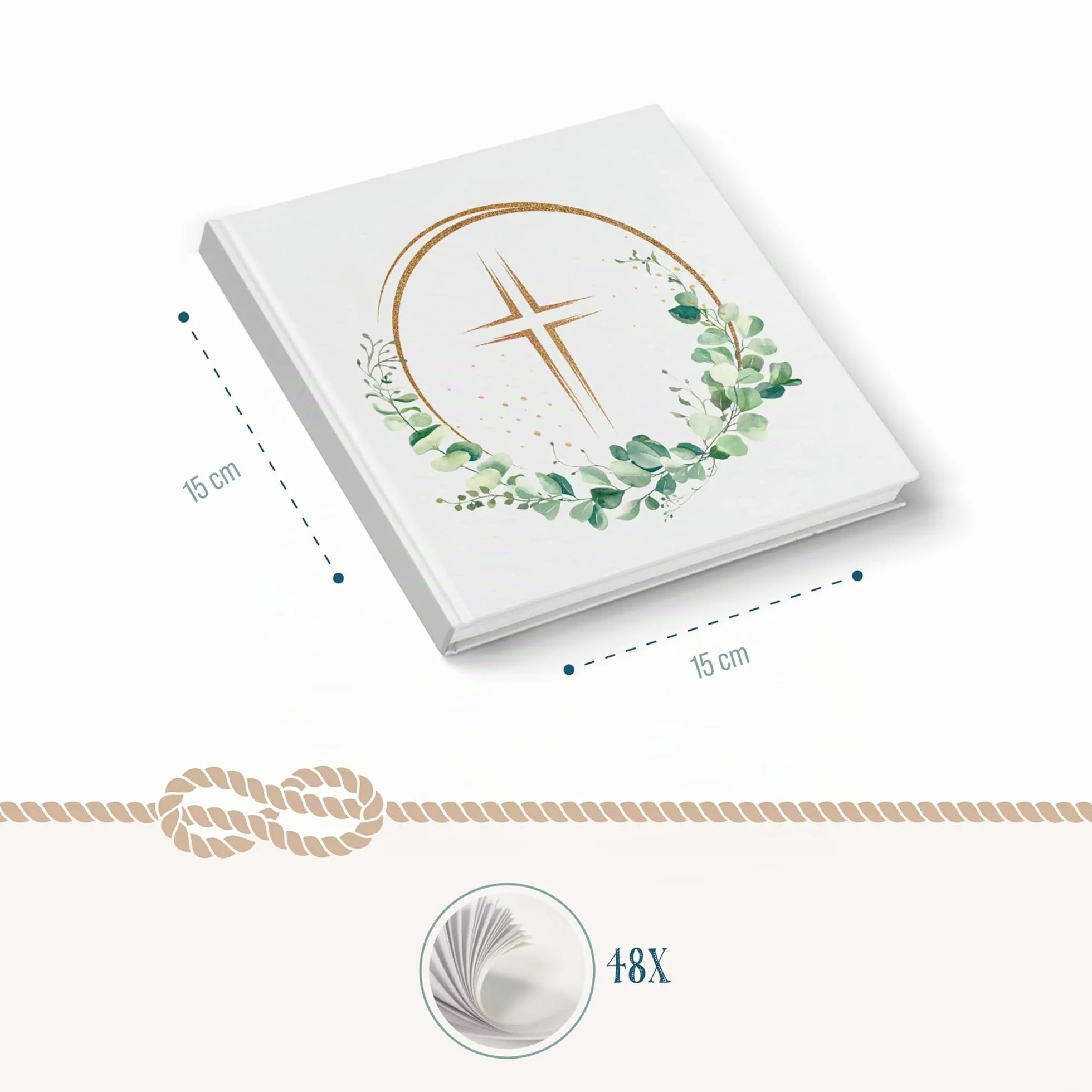 Libro de firmas con cruz dorada y corona de eucalipto: libro de visitas blanco para comunión, bautizo, confirmación y boda, 48 páginas en blanco, recuerdo con tapa dura, 15 x 15 cm