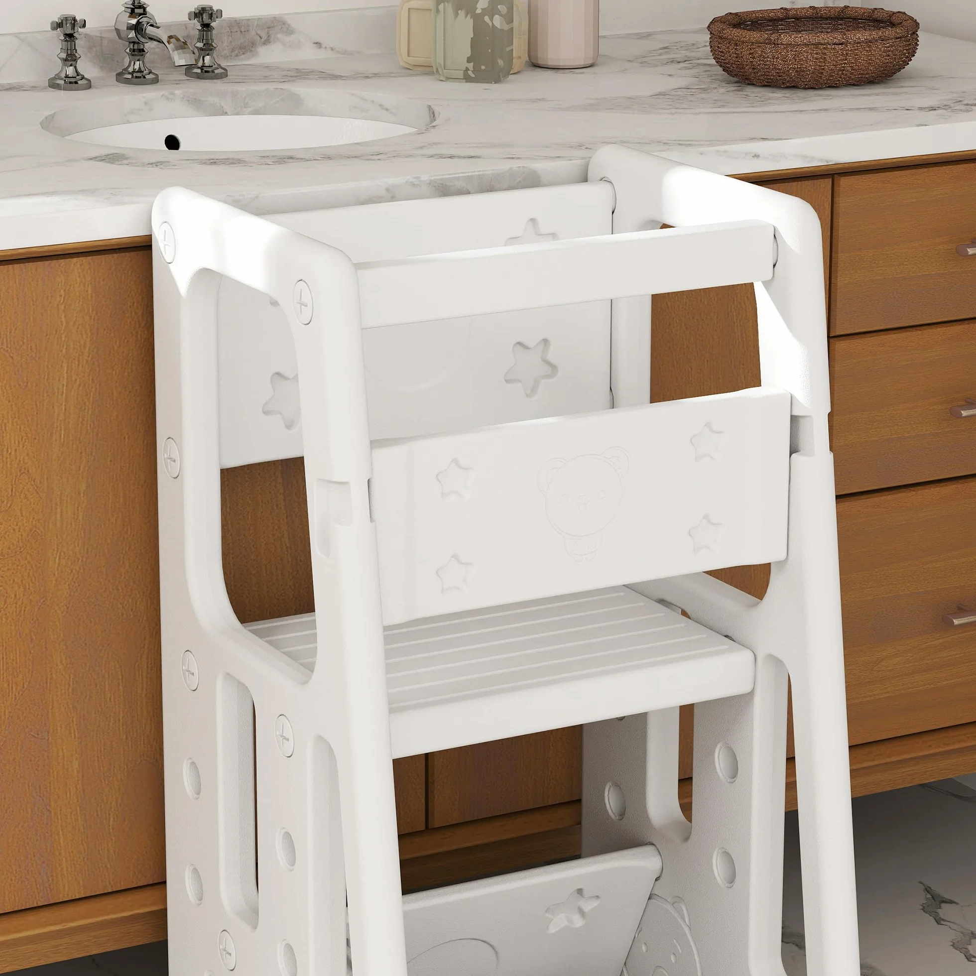 HOMCOM Torre de Aprendizaje para Niños Taburete Infantil Altura Ajustable 3 Posiciones Plataforma Antideslizante 47x47x90 cm Blanco