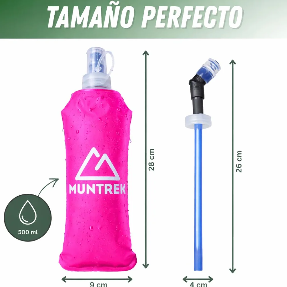 Soft Flask 500ml Pack de 2 con Pajita Extensible, Botellas Flexibles para Trail Running, TPU Sin BPA (Rosa)