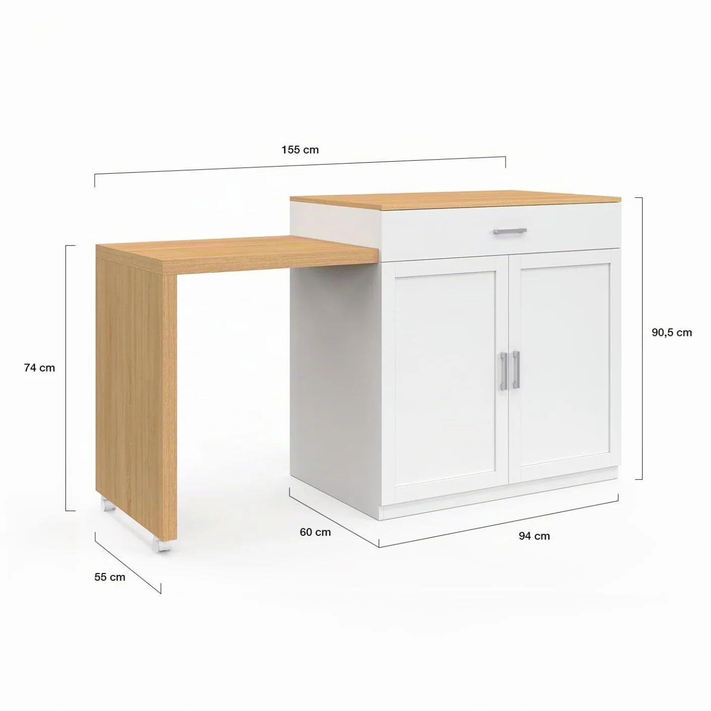 IDMarket - Isla Central VITO 94-155 cm Madera Blanca con Mesa de Comedor Extensible Integrada estilo Haya