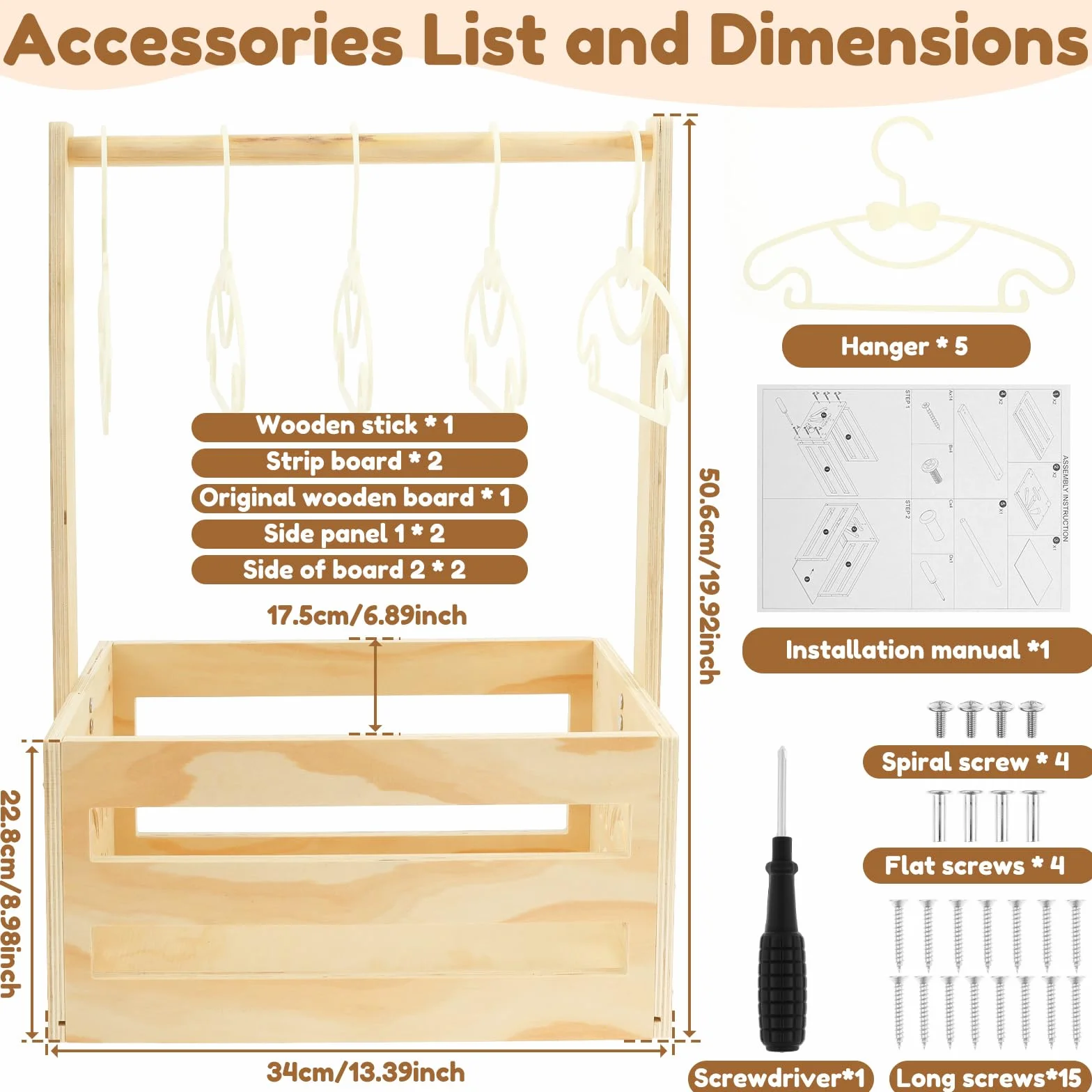 Cesta de regalo para bebé de madera con asa y 5 percheros, personalizada para recién nacidos