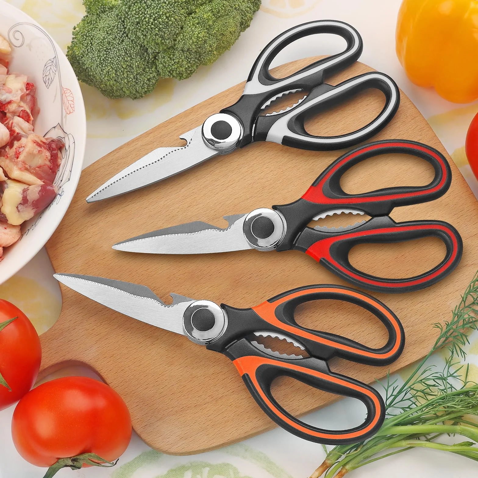Tijeras de cocina, multiusos, resistentes, cuchillas de acero inoxidable, rojo, negro y naranja, juego de 3