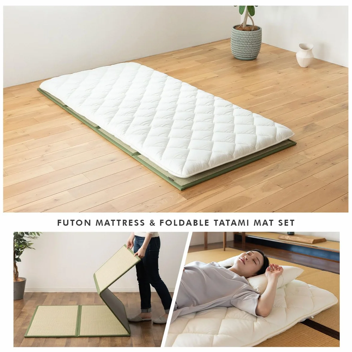 EMOOR Conjunto de Colchón Futón Japonés y Tatami Plegable Premium CLASSE 100 x 200 cm, Tapete para Piso Sikibuton Igusa Natural