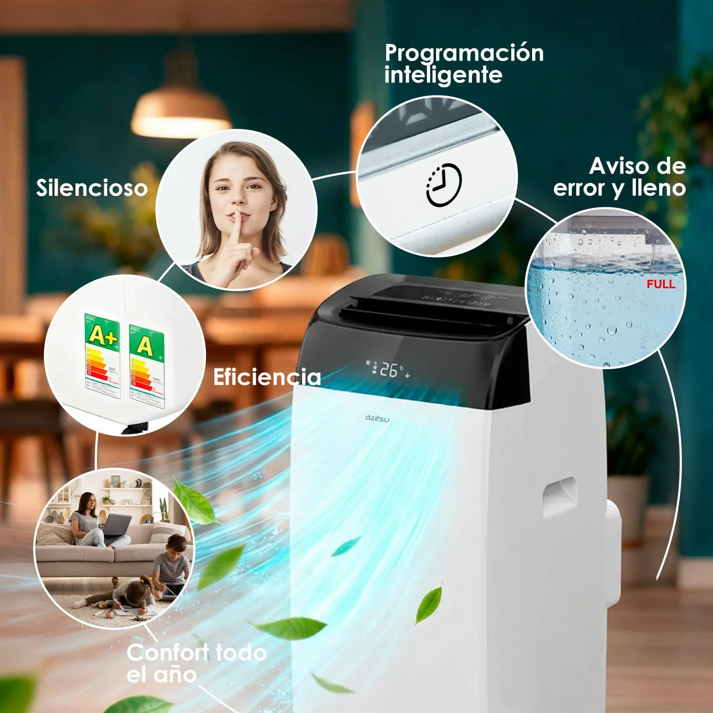 Daitsu - Aire Acondicionado Portátil Frío,Calor, Deshumidificador y Ventilador | 4 en 1 | Alisios Premium APD12FCX | Compacto y Silencioso | Mando a Distancia | Para Hogar u Oficina hasta 30 m²