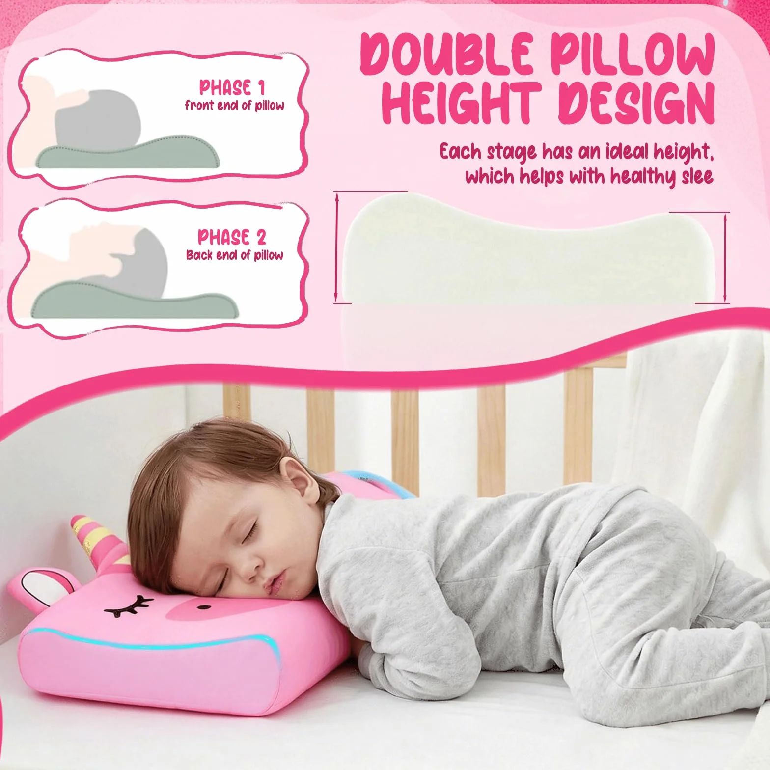 Almohada Infantil Ergonómica de Espuma Viscoelástica, Lavable y Transpirable, para Cuna Viaje Guardería 2-8 Años