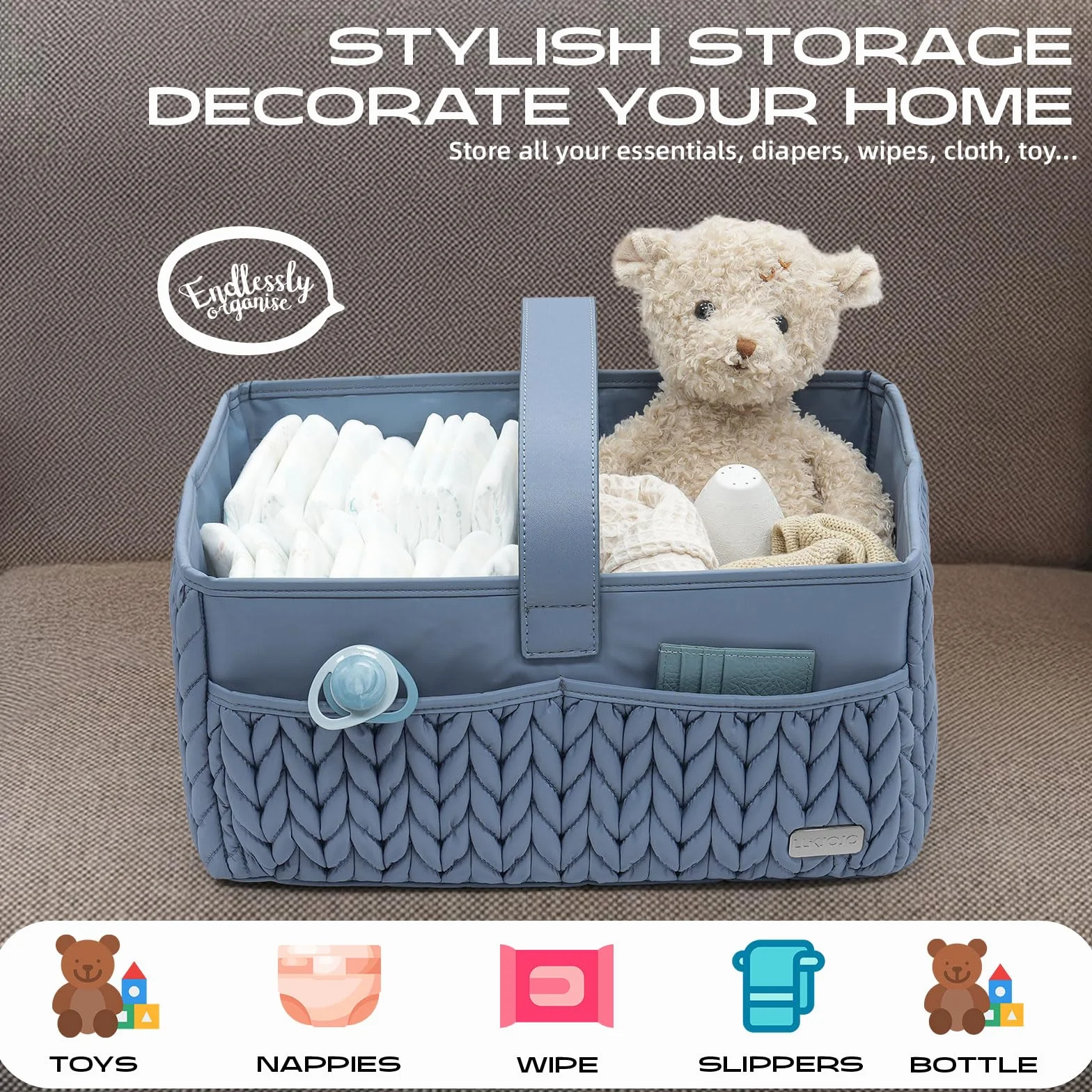 Organizador de pañales cesta almacenamiento portátil para recién nacidos baby shower azul ceniza