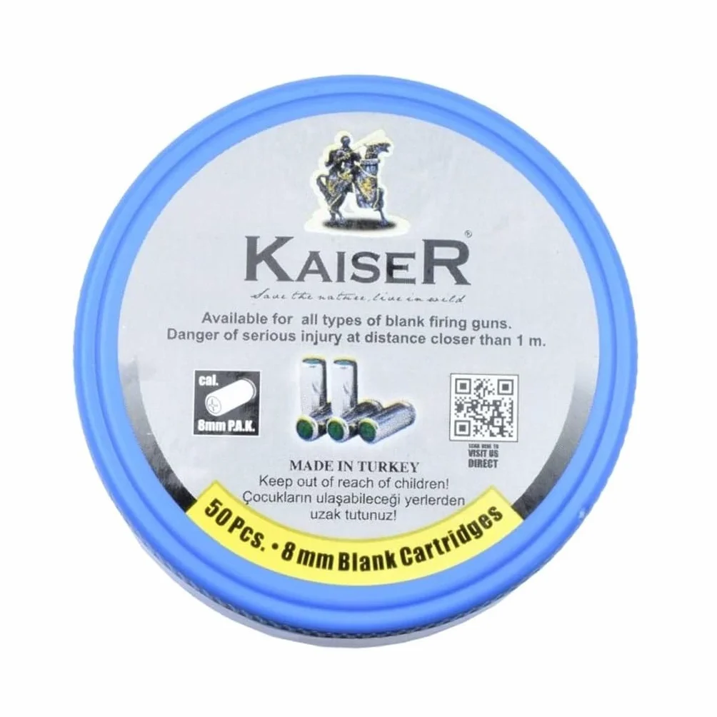 Kaiser 8mm Cartuchos Fogueo Pak 50 Unidades, Municion Detonadora Pistola Compatible, Casquillo Metalico