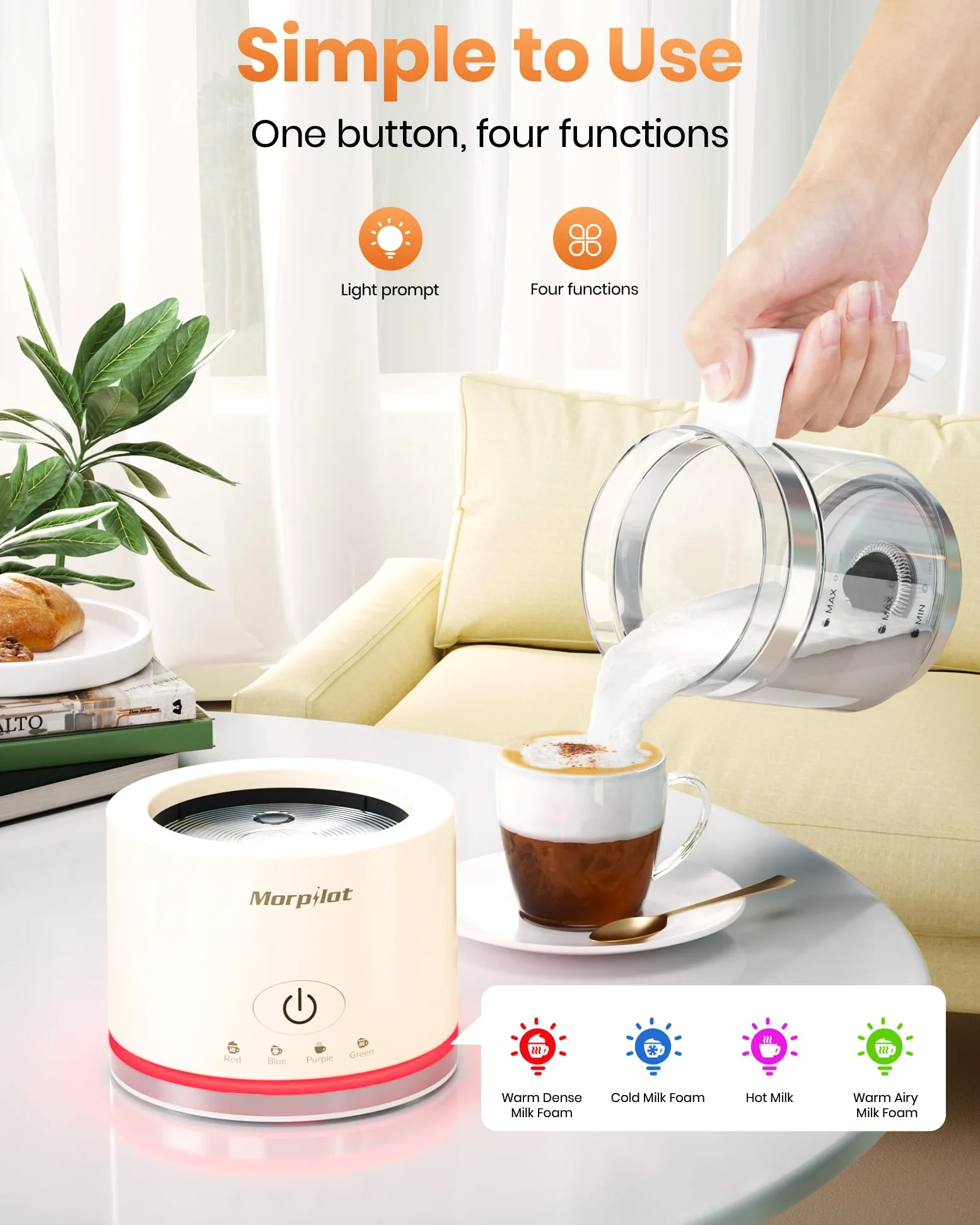 Morpilot - Espumador de leche eléctrico 4 en 1, espumador automático de leche de gran capacidad, vaporizador y calentador de leche caliente y fría para café, café con leche, capuchino