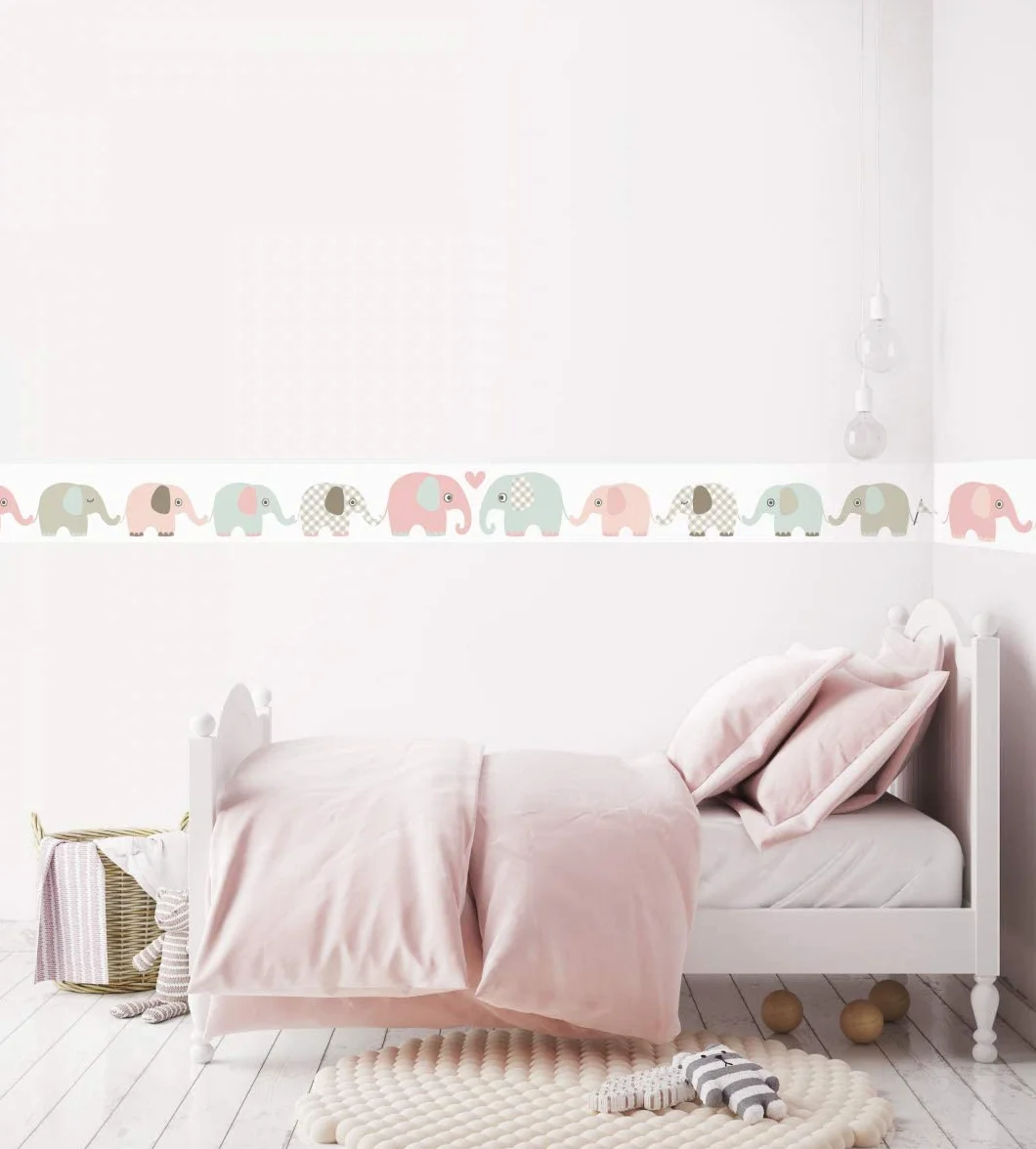 Cenefa autoadhesiva, 450 x 11,5 cm, diseño de Animales con Elefantes, Gris/marrón-Menta-Rosa