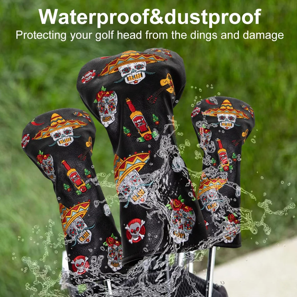 Juego de Fundas para Palos de Golf de Piel con Estampado de Calaveras de azúcar
