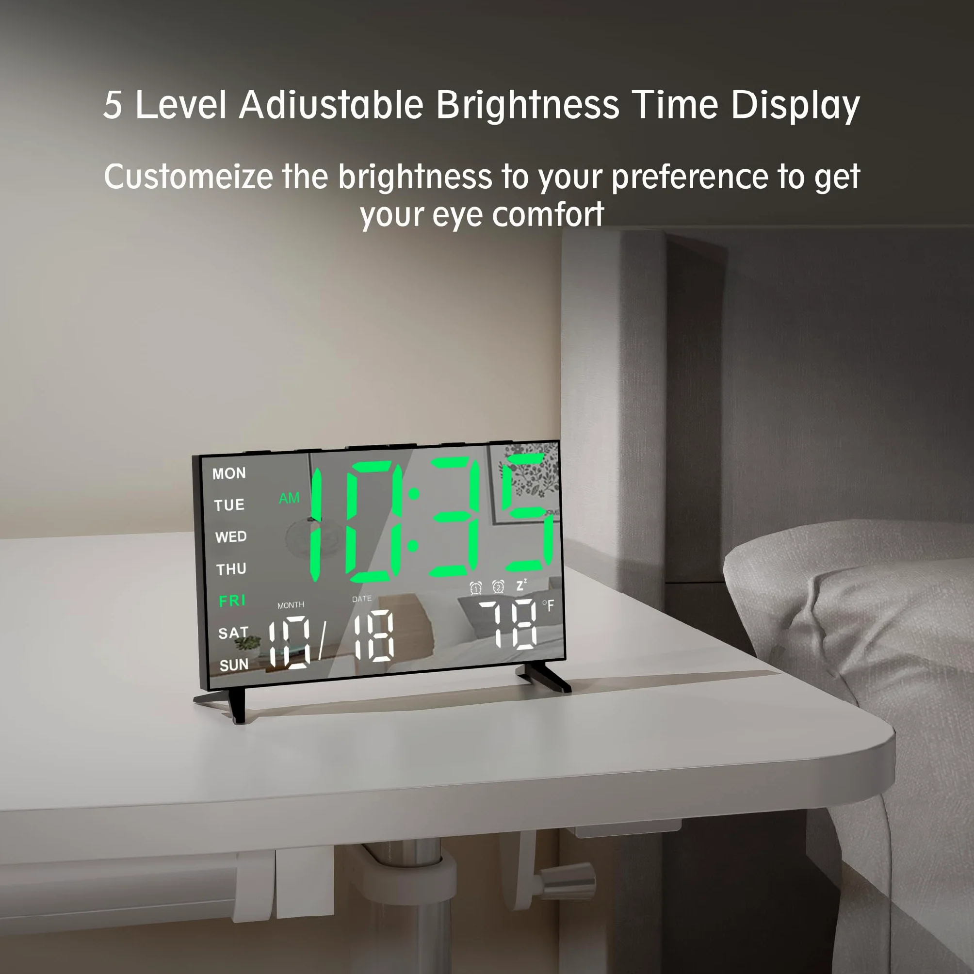 Reloj Despertador Digital con Espejo y Alarma Fuerte con Fecha, Temperatura Interior, Puerto de Carga USB, regulador de Intensidad, Volumen Ajustable, Dígito Verde Negro