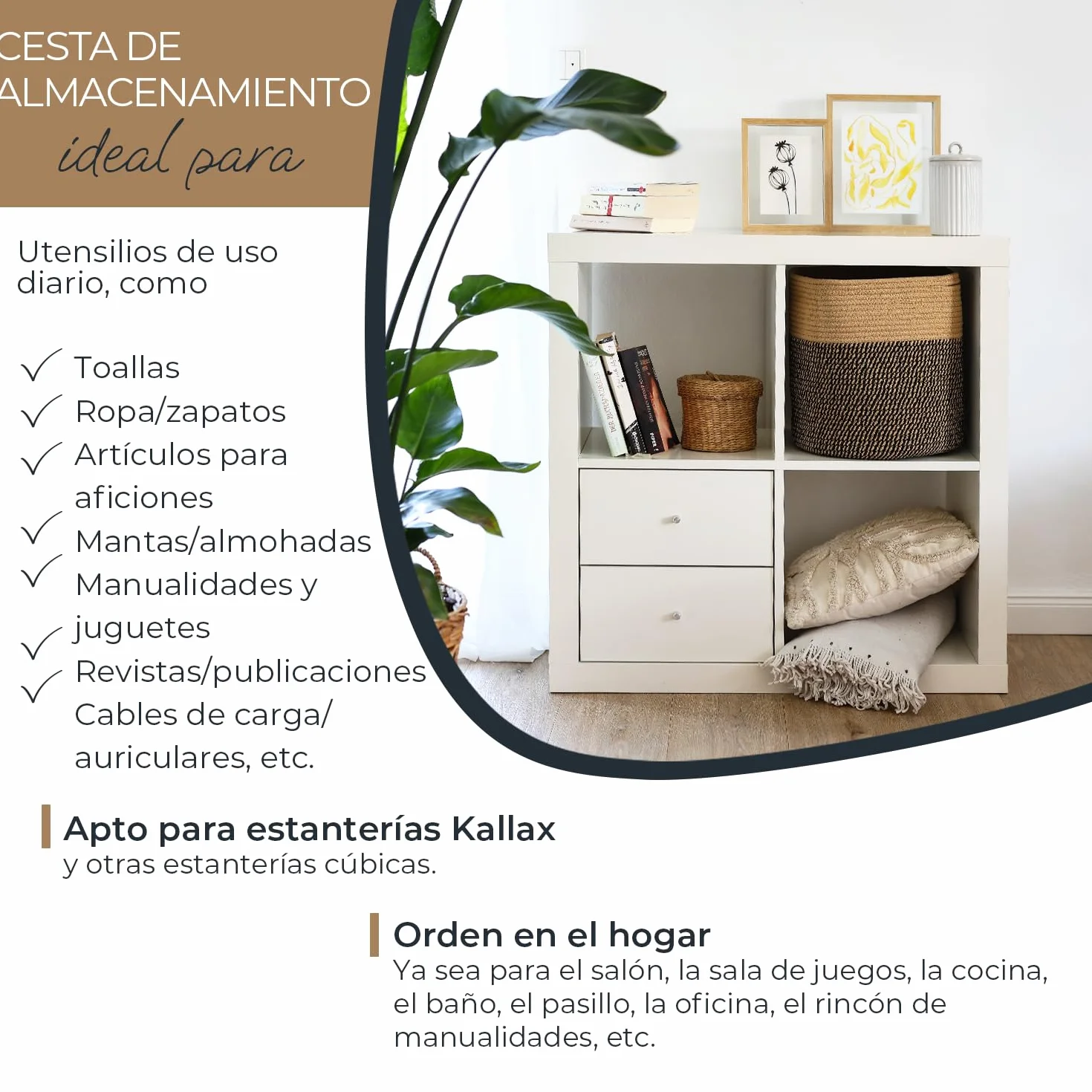 HMF Cesta de almacenamiento redonda para Kallax 31 x 31 cm negro miel