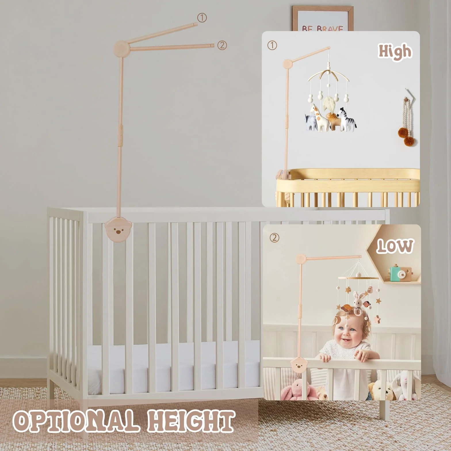 Soporte Móvil para Bebé, Soporte de Móvil para Cuna de Bebé, Soporte de Madera para Cuna, Brazo Móvil de Cuna, Bebé Móvil Titular de la Oso Diseño, para Colgar Campanas de Viento, Juguetes