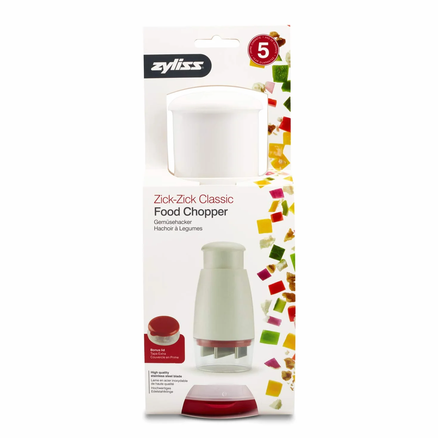 Zyliss Zick Zick Clásica Picadora Manual, Picador de Cebolla, Cortador de Verduras, Plástico/Acero inoxidable, Blanco/Rojo, Apto Para Lavavajillas, E910012