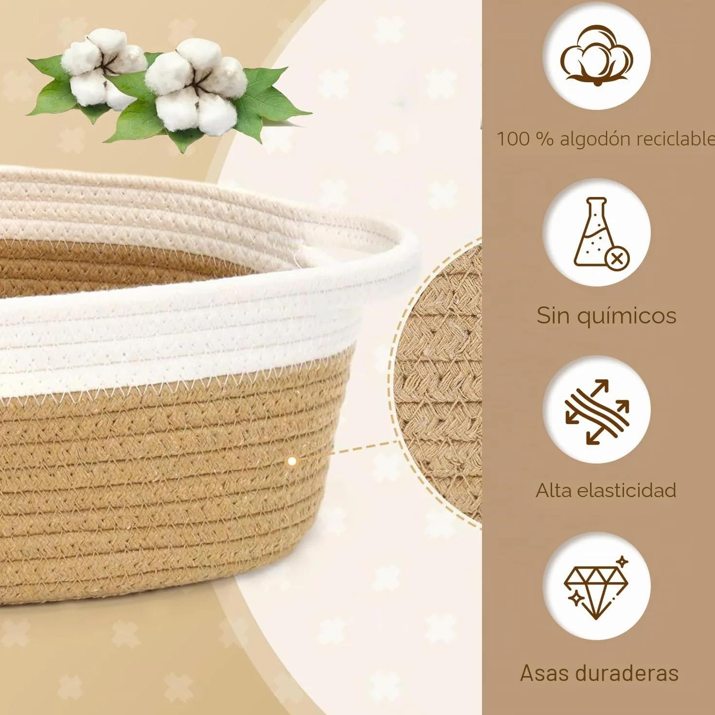Juego de 5 Cestas Almacenaje de Cuerda de Algodón, Cestas Organizadoras con Asa, Cesta decorativa tejida