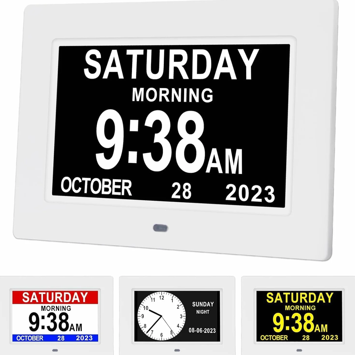Despertador digital de 7 pulgadas con ajuste automático de brillo, pantalla LCD silenciosa, despertador con humedad y temperatura, para adultos y niños y enfermedad de Alzheimer (blanco)