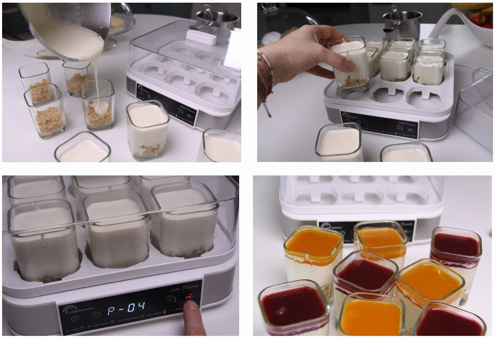 LITTLE BALANCE 8448 Yogurtera Postre, Yogures Postres Quesos blancos caseros, 5 programas automáticos, 9 tarros de cristal 145 ml, Blanco/acero inoxidable