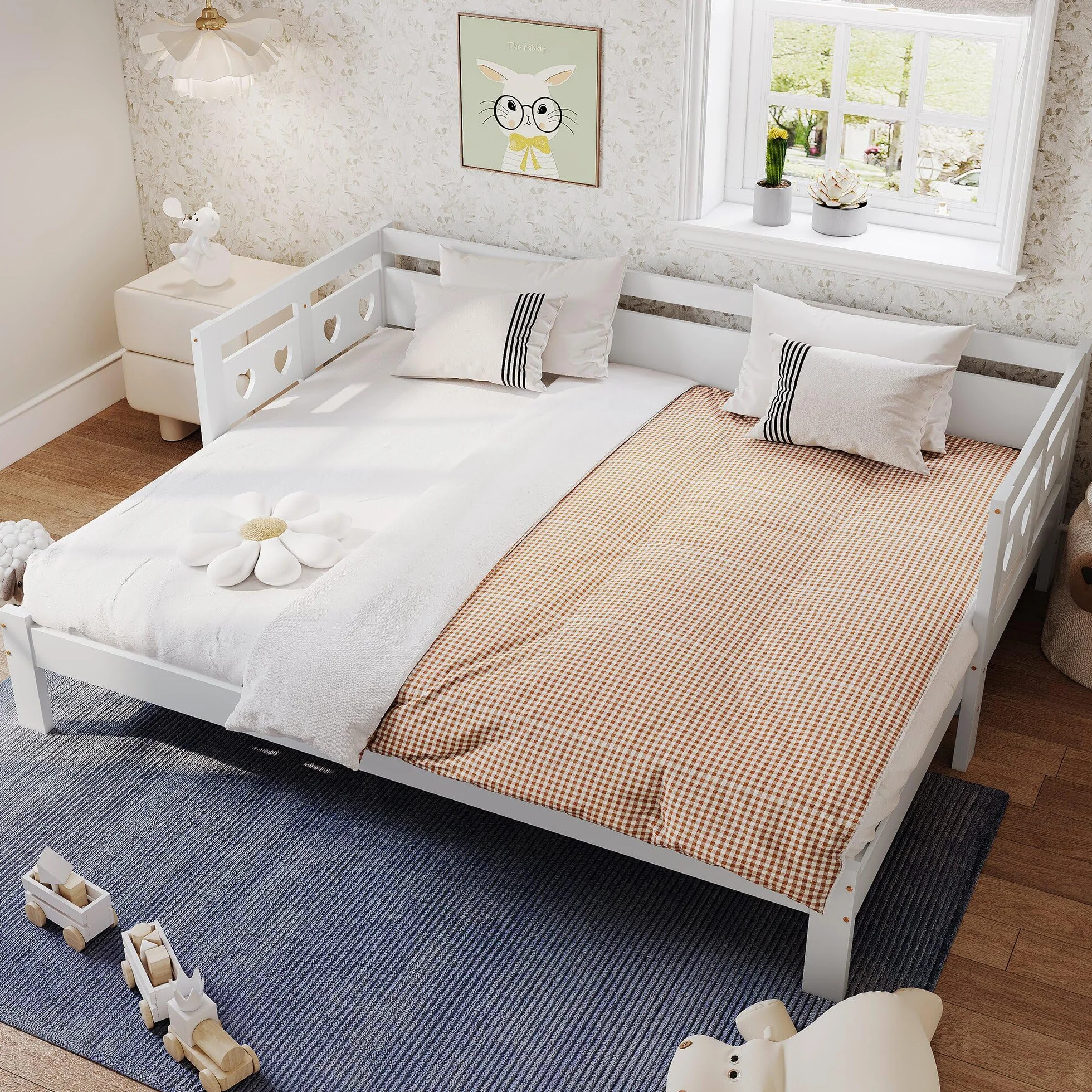 TIZZ Cama de día, pino macizo, extensible, con 2º cama y somier enrollable en forma de corazón, color blanco (90 x 190 cm)