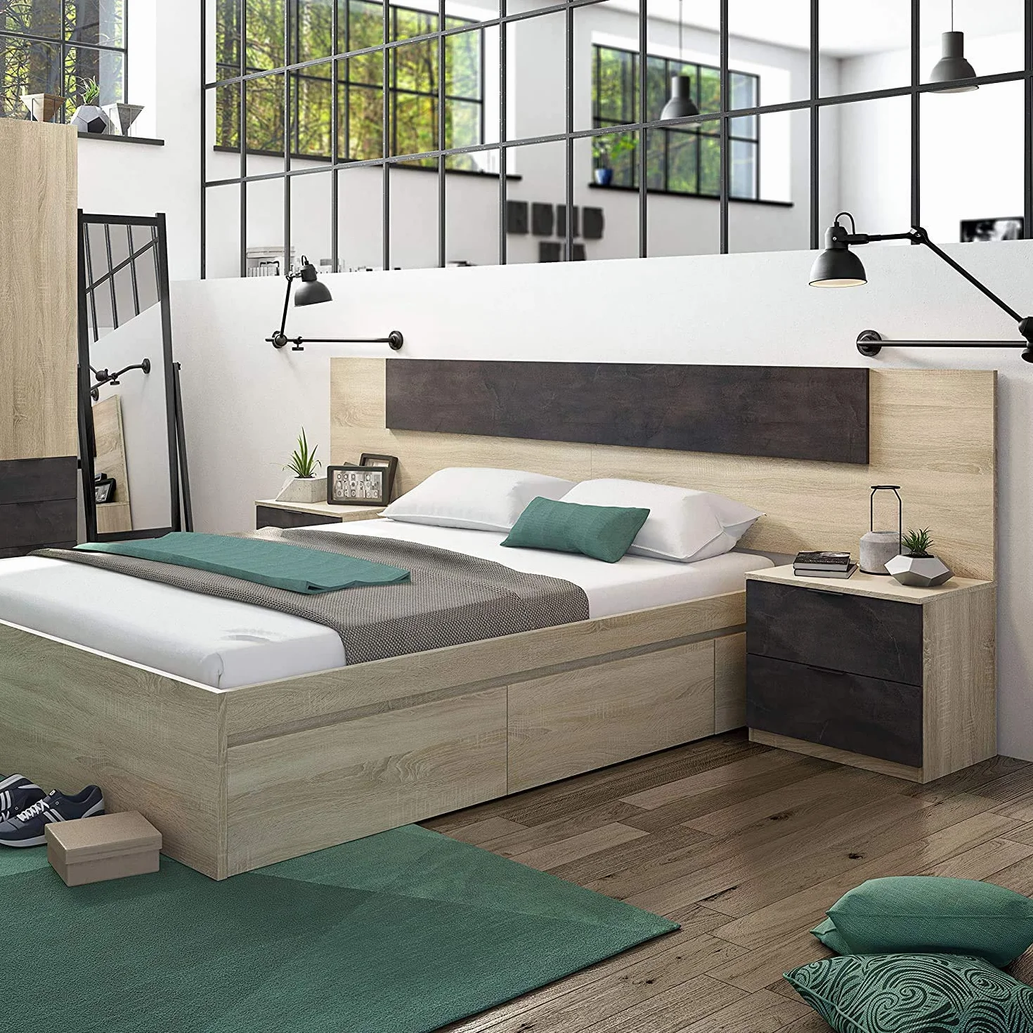 Mobelcenter – Cabezal y 2 Mesitas de Noche – Cabecero Matrimonio y 2 Mesitas de Noche – Color Roble Canadian y Óxido - Medidas: Ancho: 247 cm x Fondo: 38 cm x Alto: 95 cm - (1093)