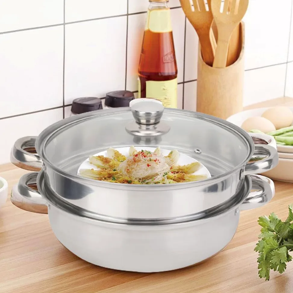 Tiiyee Steamer For Cooking, Vaporera De InduccióN Apilable Para Papas Mini Con Tapa Vidrio Cocinar Vapor Acero Inoxidable 2 Capas Olla Doble Caldera DiseñO Poroso Carne Y Ver Utensilios Cocina