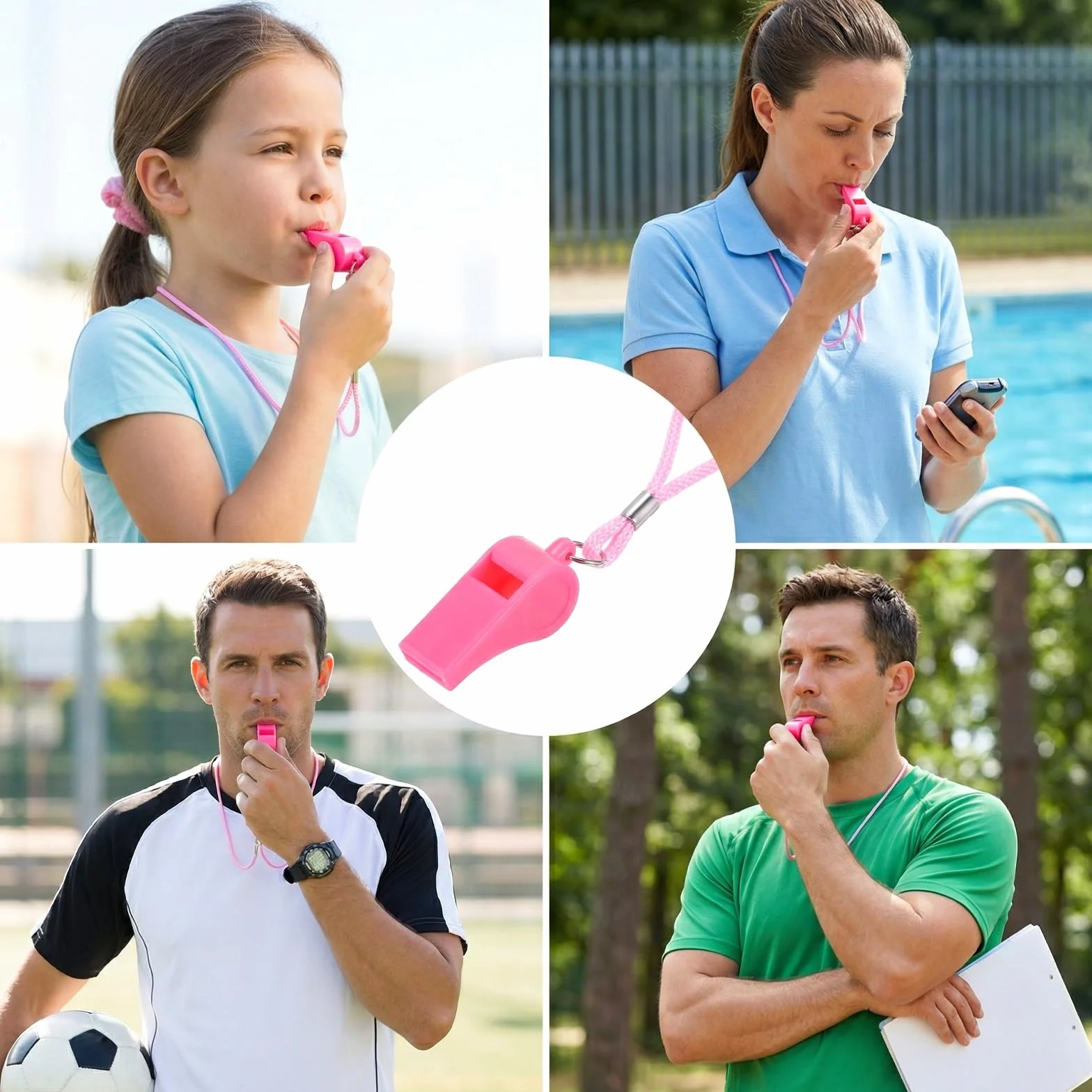 Silbatos deportivos con correa para el cuello, silbato de plástico, sonido claro y fuerte, para entrenador, árbitro, deporte escolar