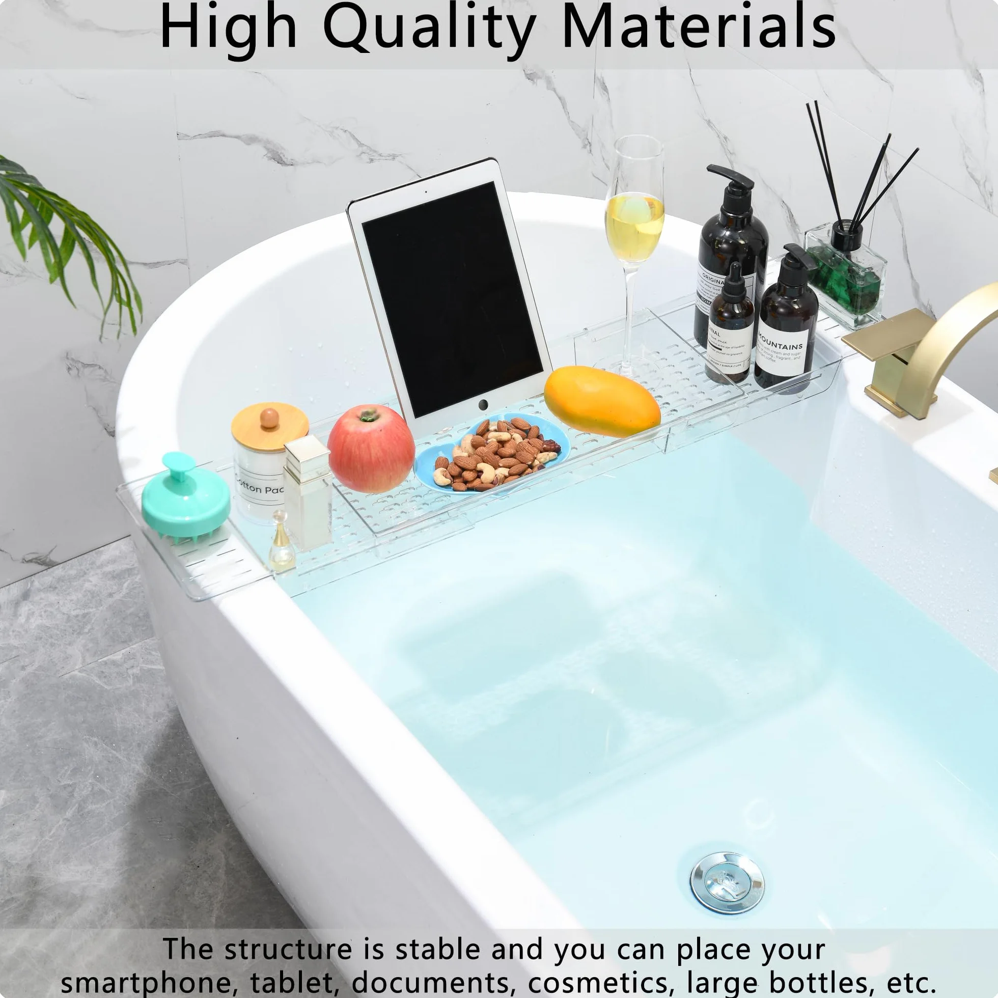 Bandeja para Bañera Acrílica Extensible - Estante Ajustable para Bañera para Copa de Vino, Velas, Libros y Productos de Baño - Organizador de Baño Resistente al Agua - Transparente