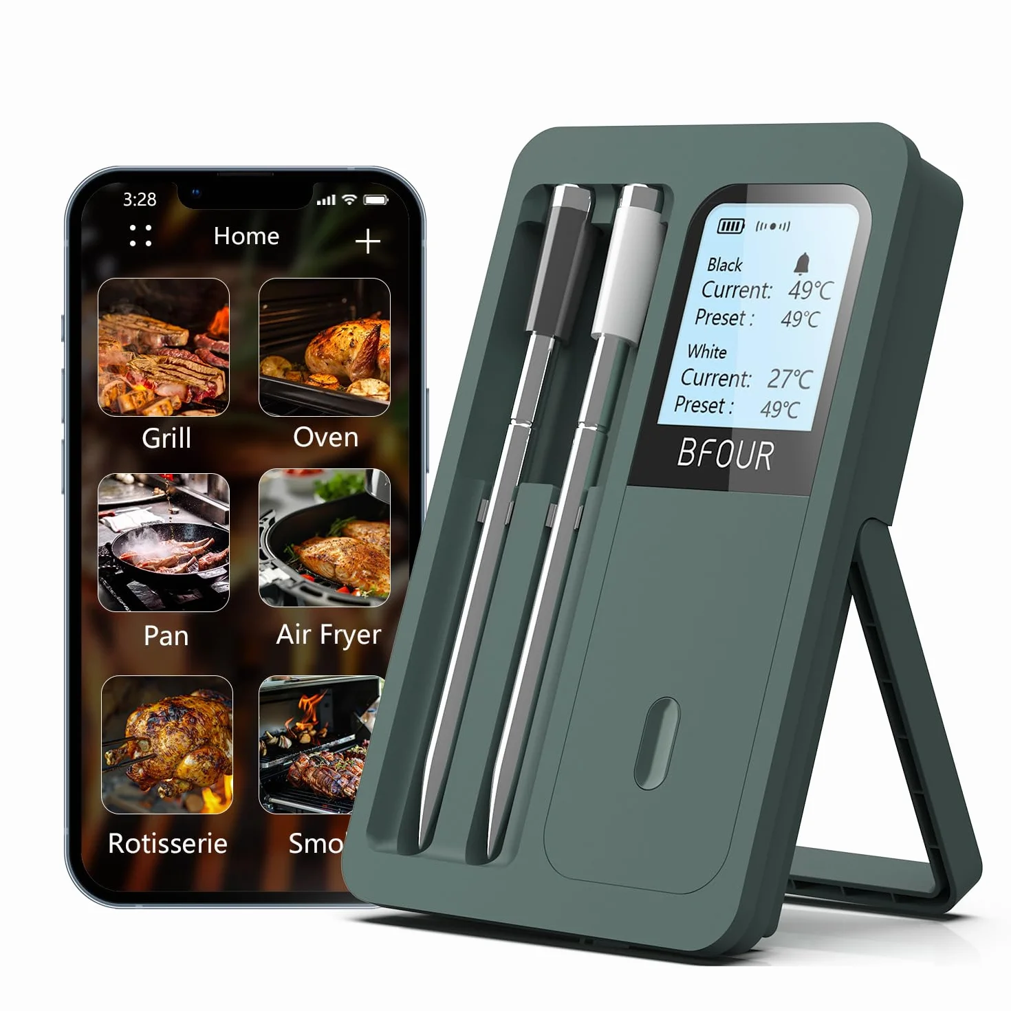 BF-40 - Termómetro inalámbrico para carne con 2 sondas, pantalla LCD, control de aplicación, IP67 resistente al agua, termómetro Bluetooth para barbacoa, ahumador, horno, cocina, termómetro para asar