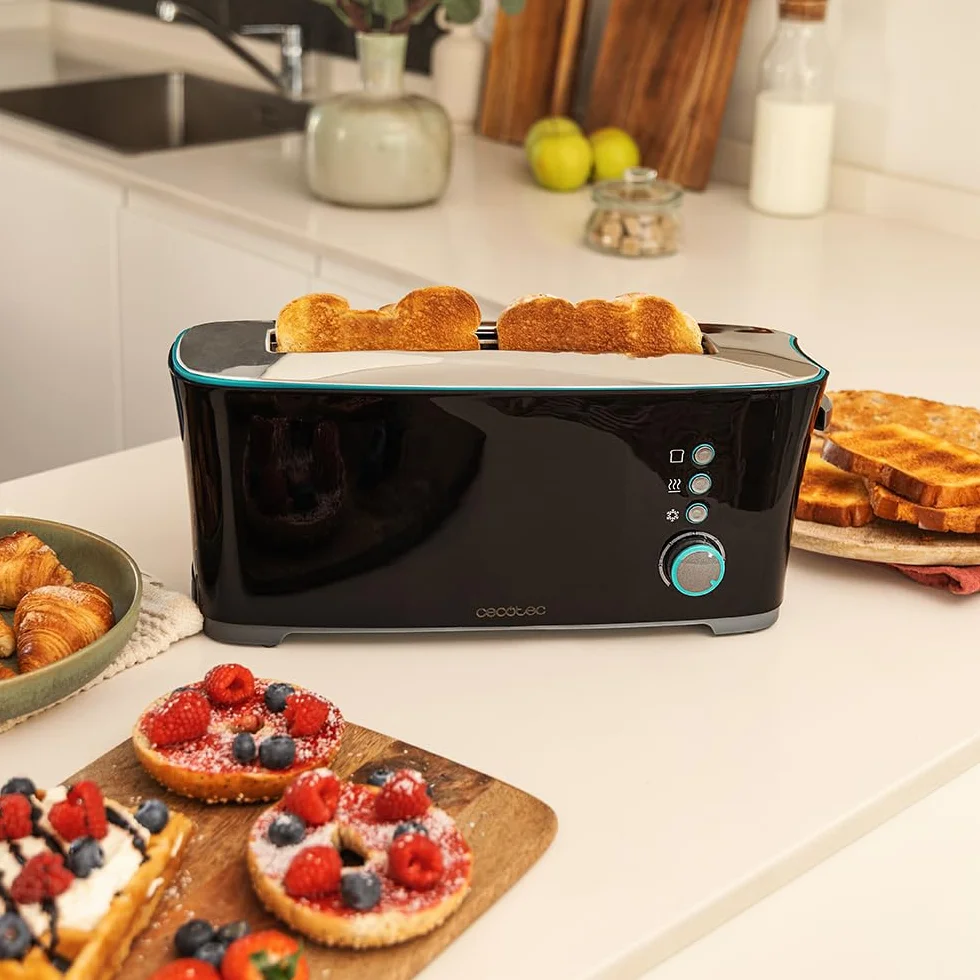 Cecotec Tostador Toast&Taste Extra B, 1000W de Potencia, Doble ranura larga para 2 Tostadas, Ranura XL, Apagado y Pop-up Automático, Recogemigas, Varillas Superiores, Autocentado