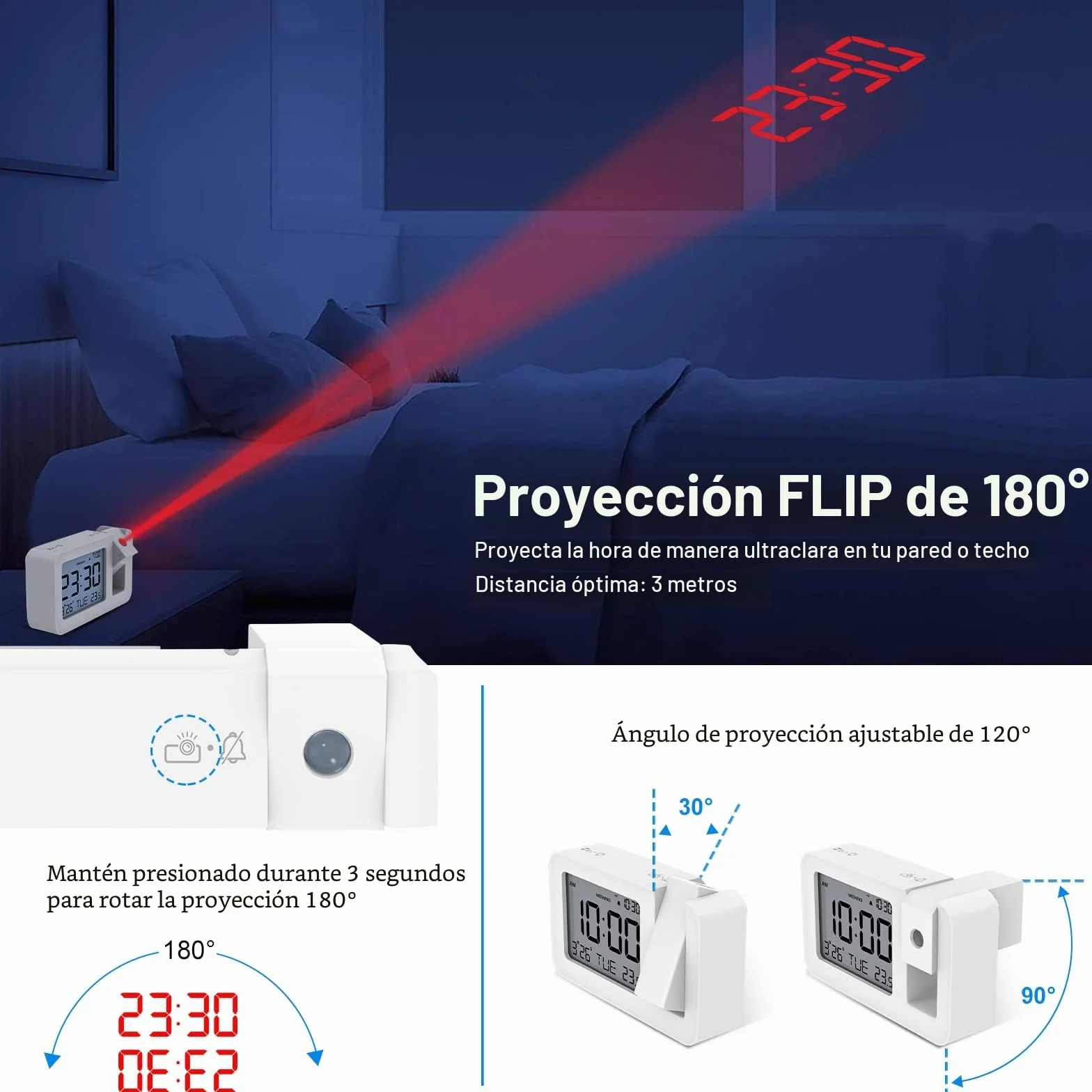 CHEREEKI Reloj Despertador Proyector, Despertador Proyección Digital, Reloj Proyector Techo con Temperatura Interior Fecha, Repetición