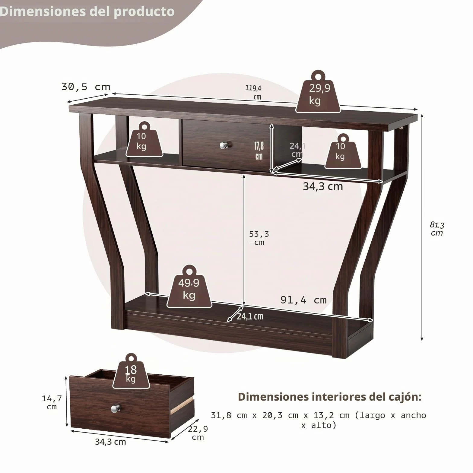 GOPLUS Mesa Consola de MDF Anti-Bascular con Cajón y 3 Estantes, Consola con Base Estable y Duradera, Mesa de Entrada para Dormitorio, Salón, 120 x 30 x 81 cm, Carga Máxima 50 kg (Marrón)