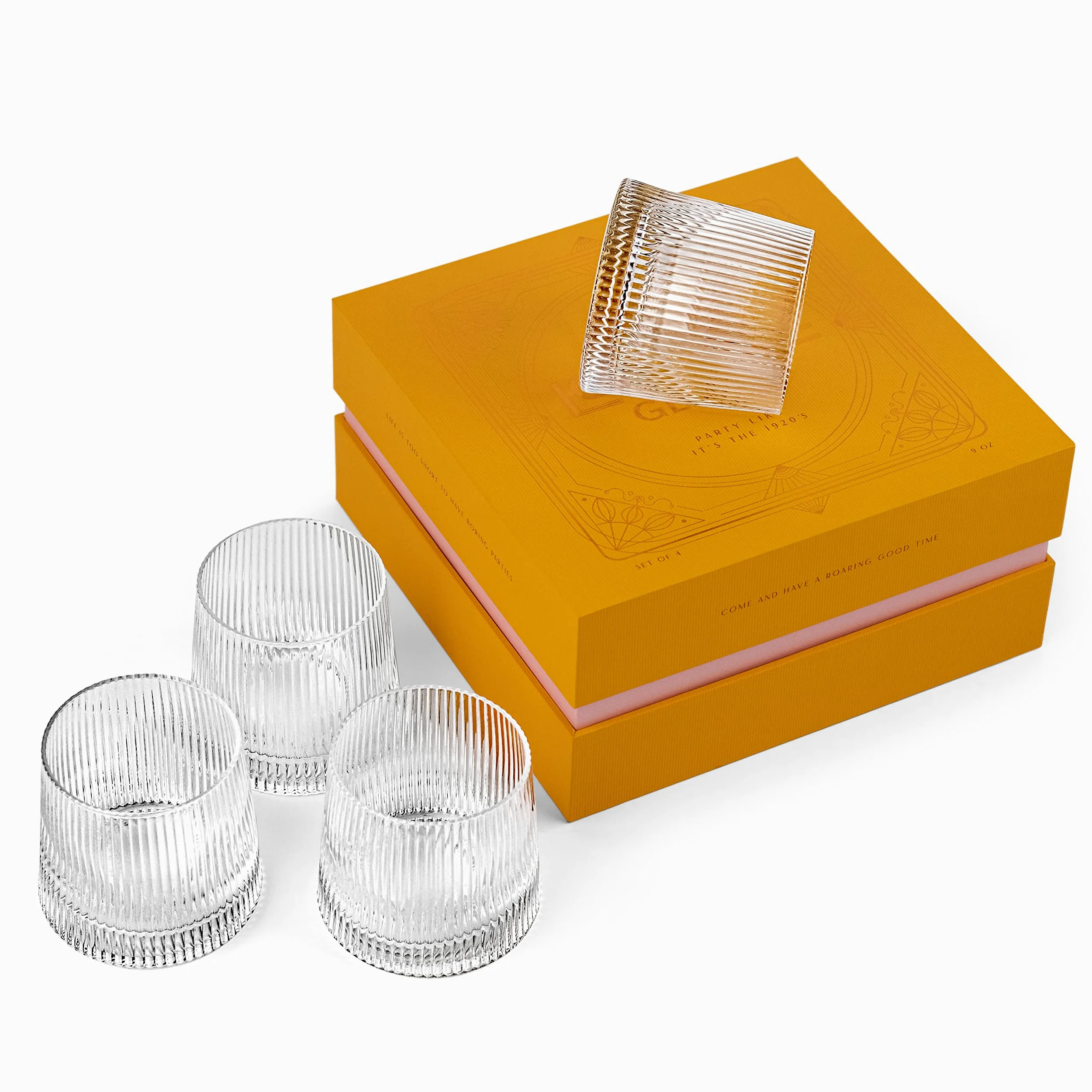 Vasos a la Antigua de Cóctel Art Déco Speakeasy | Juego de 4 | 260 ml | Copas de Cristal Acanalados para Cócteles Clásicos de Ginebra, Ron, Whiskey | Vasos de Cristalería Elegantes
