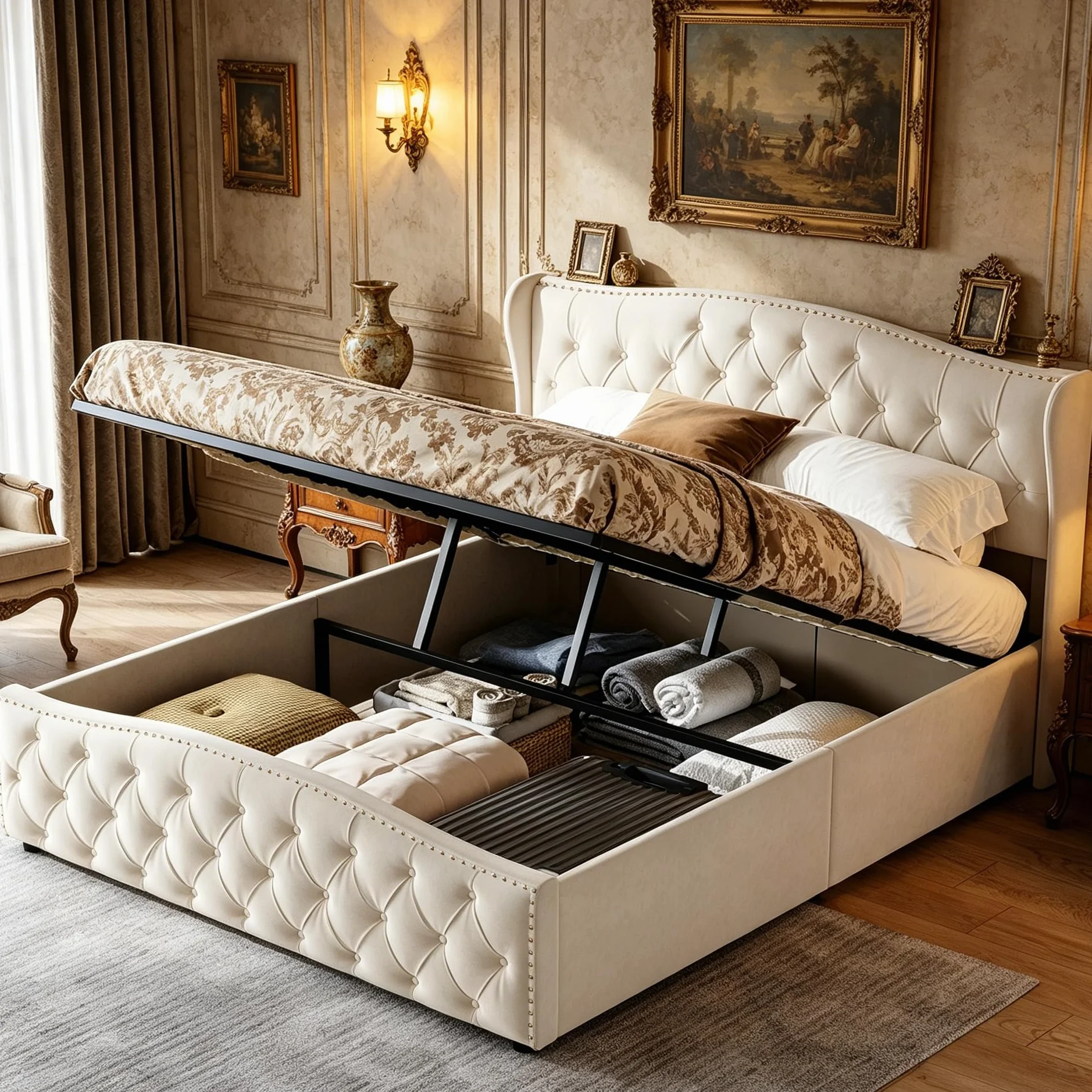 Cama Acolchada de 160 × 200, Cama Doble, Acolchado con Almacenamiento de Cama con somier de tablón, Marco de Cama con Almacenamiento de Maletero (Blanco Roto, Velours-3, 160 × 200