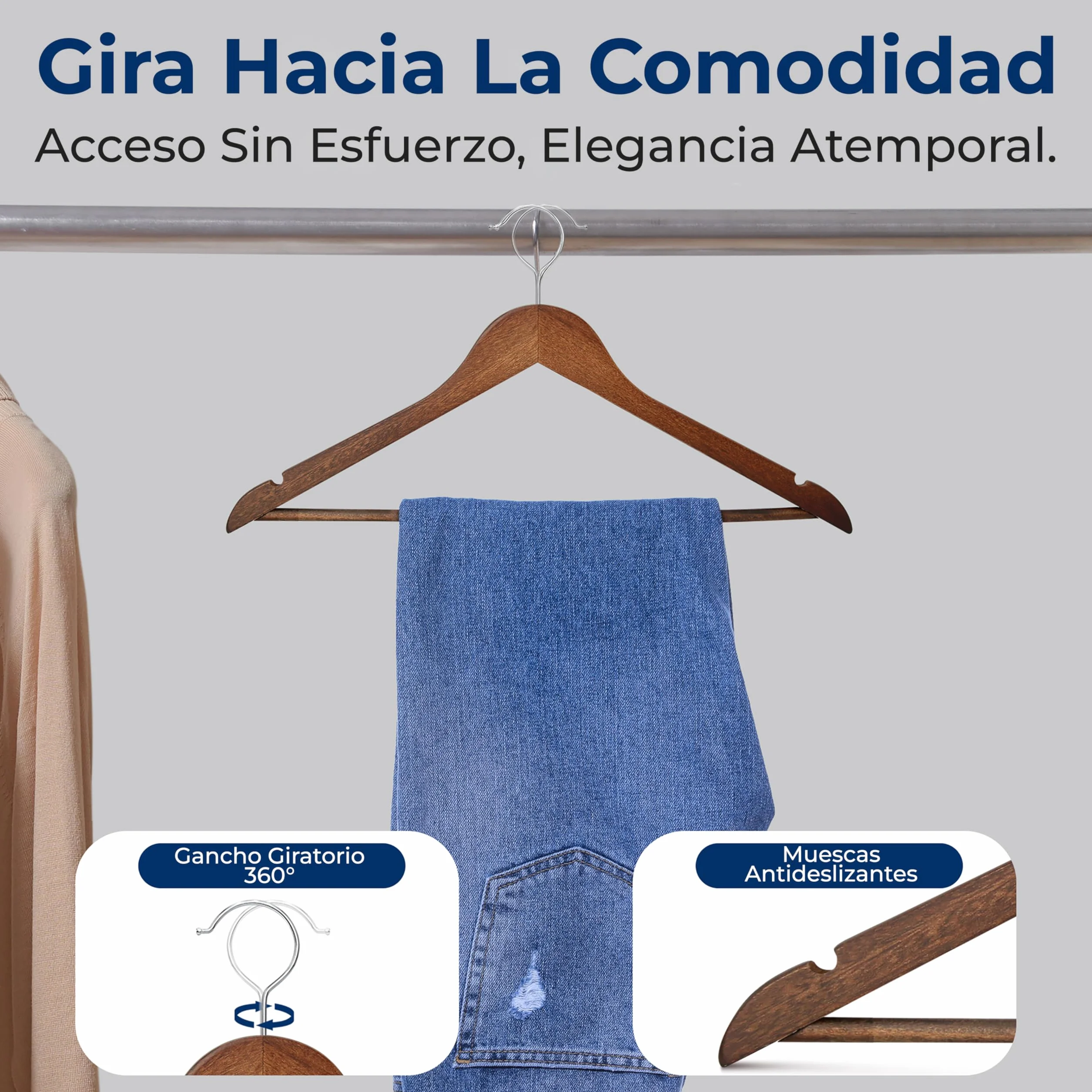 SereneLifeHome Perchas Madera, Ropa, Pack de 10, Antideslizantes, con Gancho Giratorio de 360°