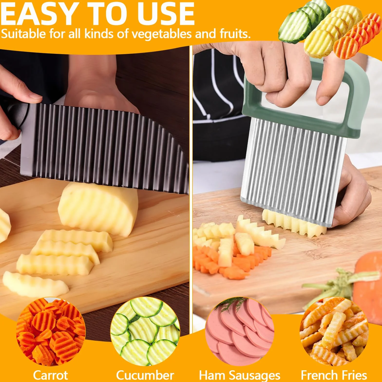2 Piezas Cortador Ondulado de Patatas de Acero Inoxidable,cuchillo ondulado de acero inoxidable,cuchillo para papas fritas,cortador ondulado con cubierta protectora,para Cortar verduras,ensalada,fruta