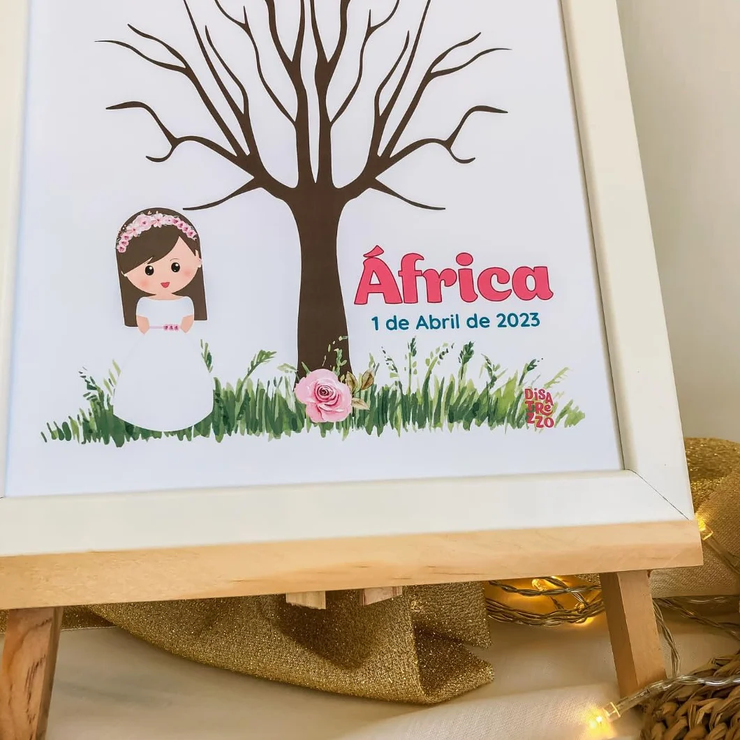 Disatrezzo - Árbol de Huellas Personalizado para Comunión Niña– Kit Completo con Marco, Tintas, Bolígrafo, Instrucciones, Caballete y Banderín Mi Primera Comunión. Libro de Firmas y Dedicatorias.