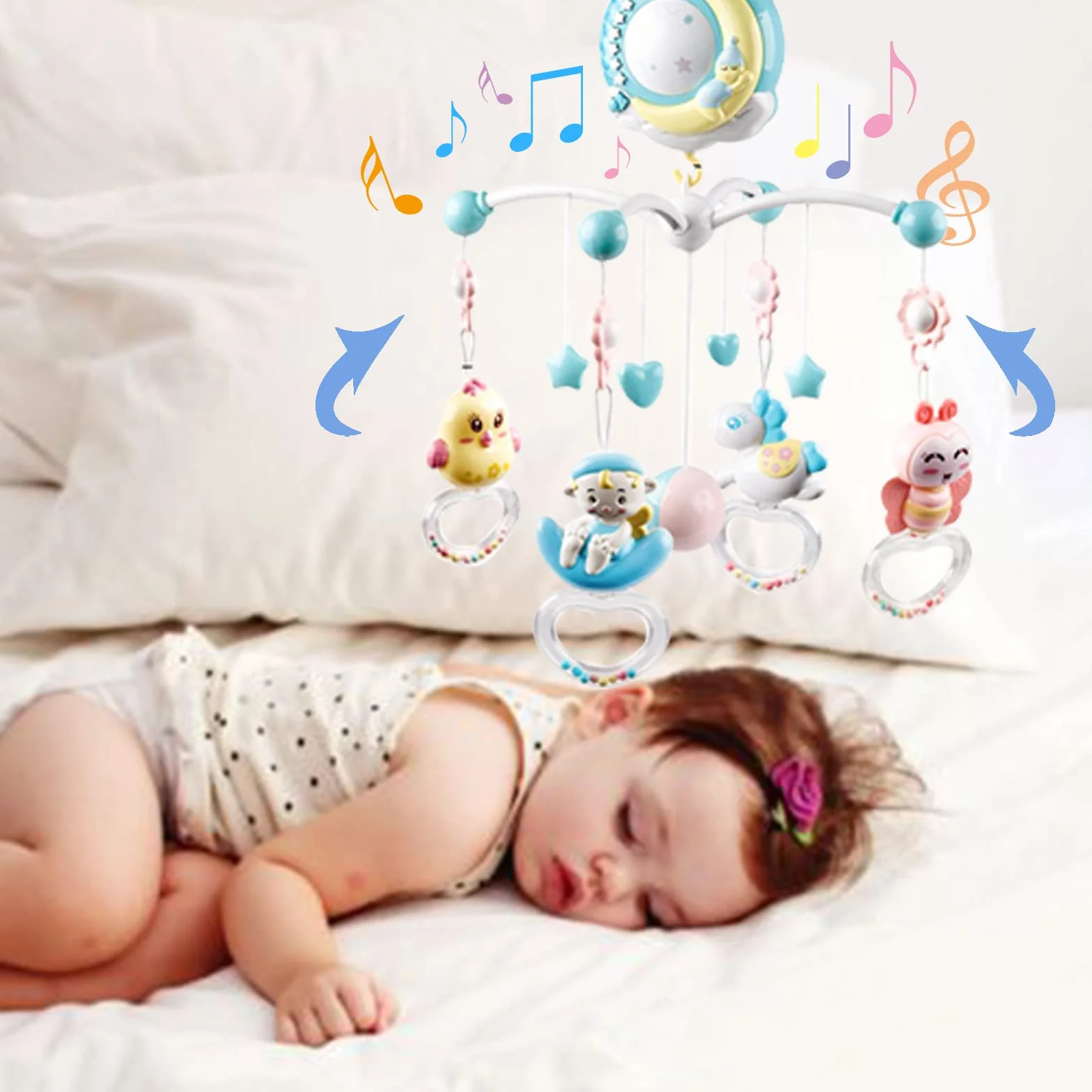 Móvil de Cuna Musical para Bebé, 360 ° Movil Cuna Bebe Carrusel com Cuna Luz y Musica con Control Remoto y Proyección, Movil Cuna para Bebé 0 a 24 meses
